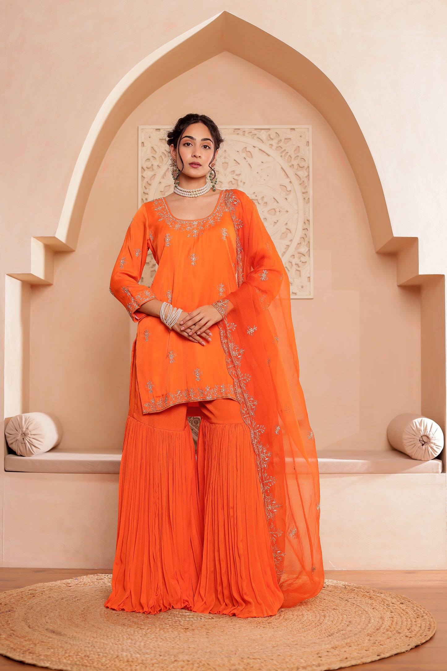 ORANGE SILK HANDEMBROIDERED GHARARA SET