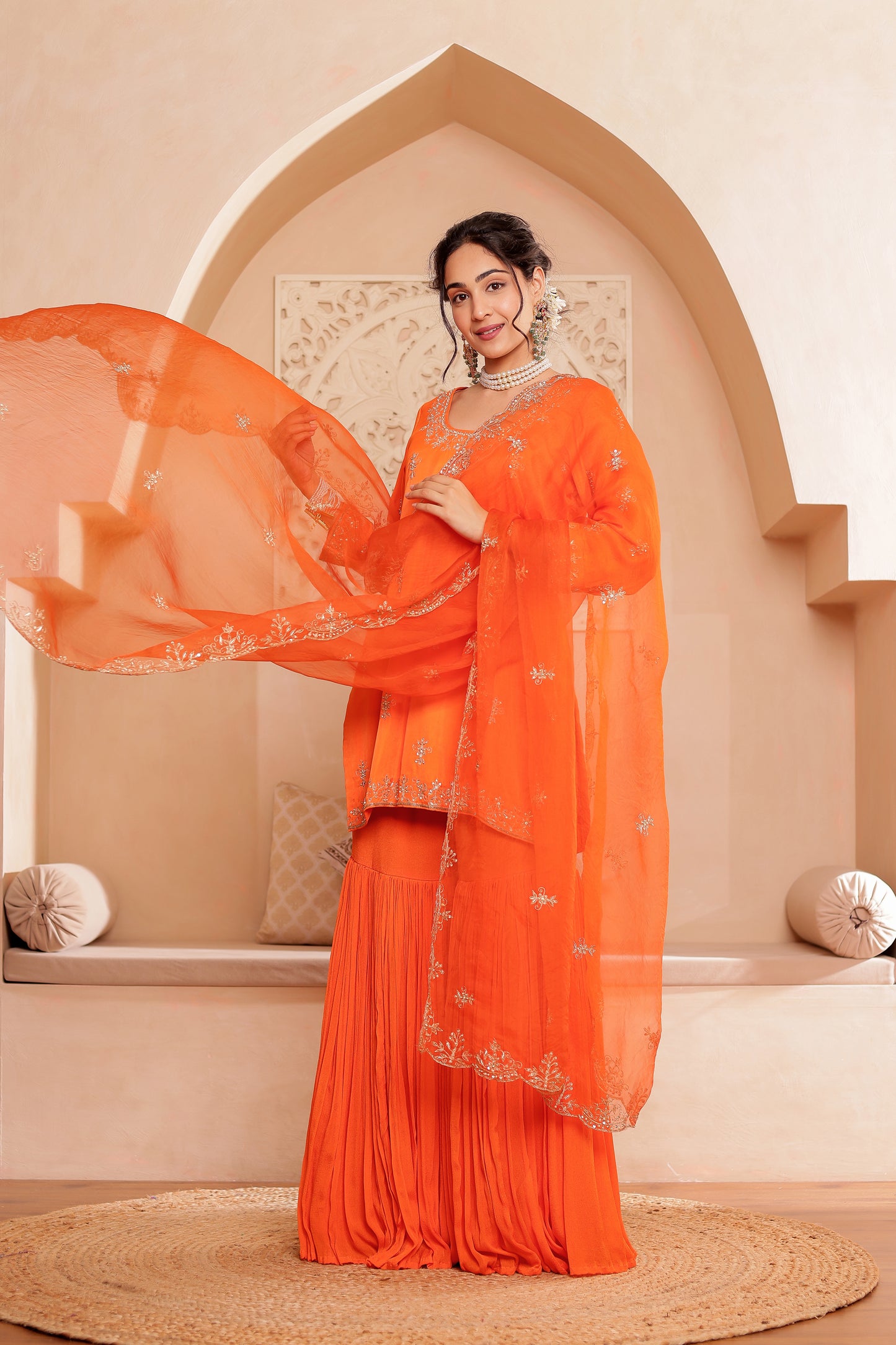 ORANGE SILK HANDEMBROIDERED GHARARA SET