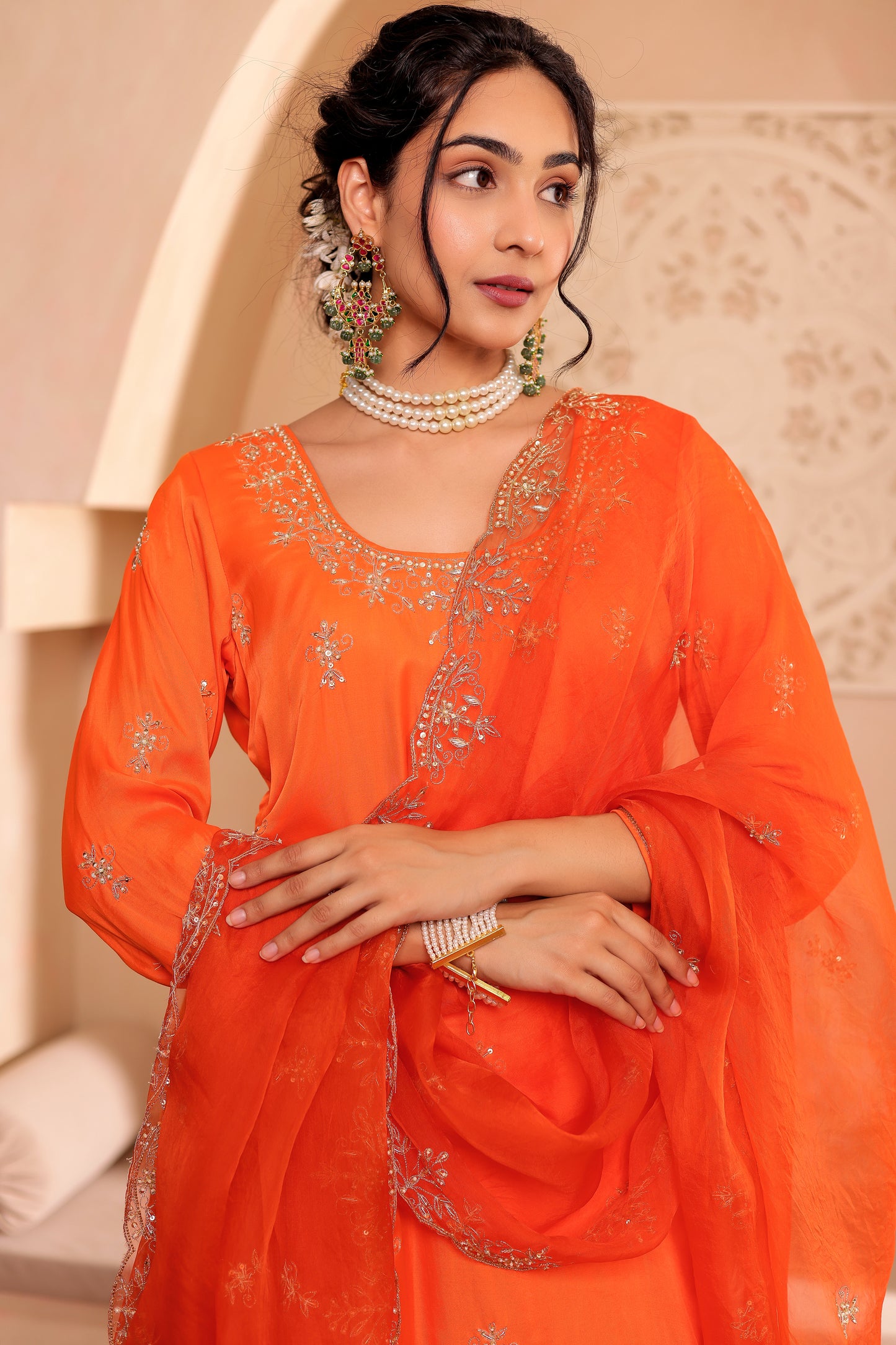 ORANGE SILK HANDEMBROIDERED GHARARA SET