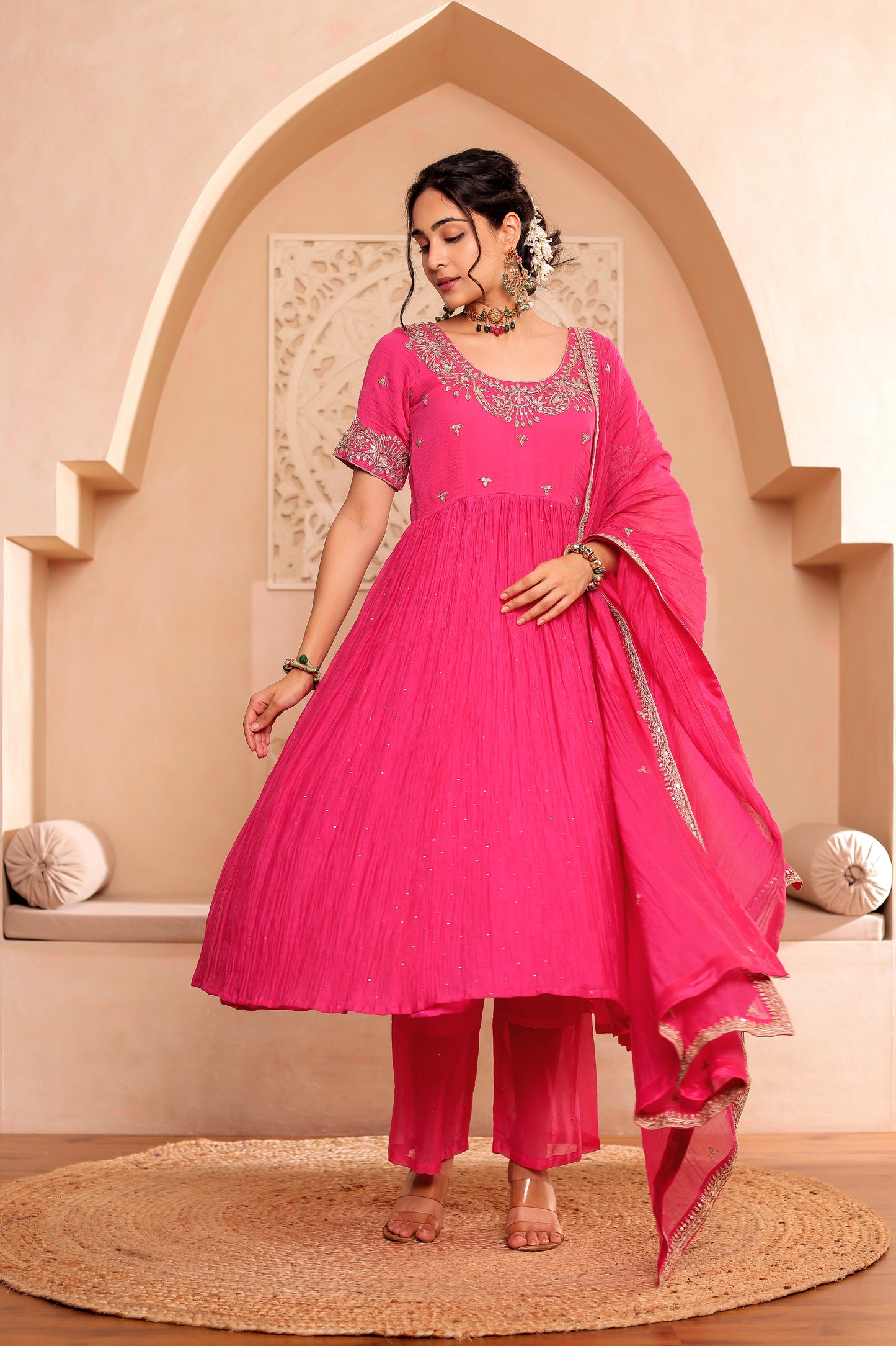 FUCHSIA HANDEMBROIDERED ANARKALI SET