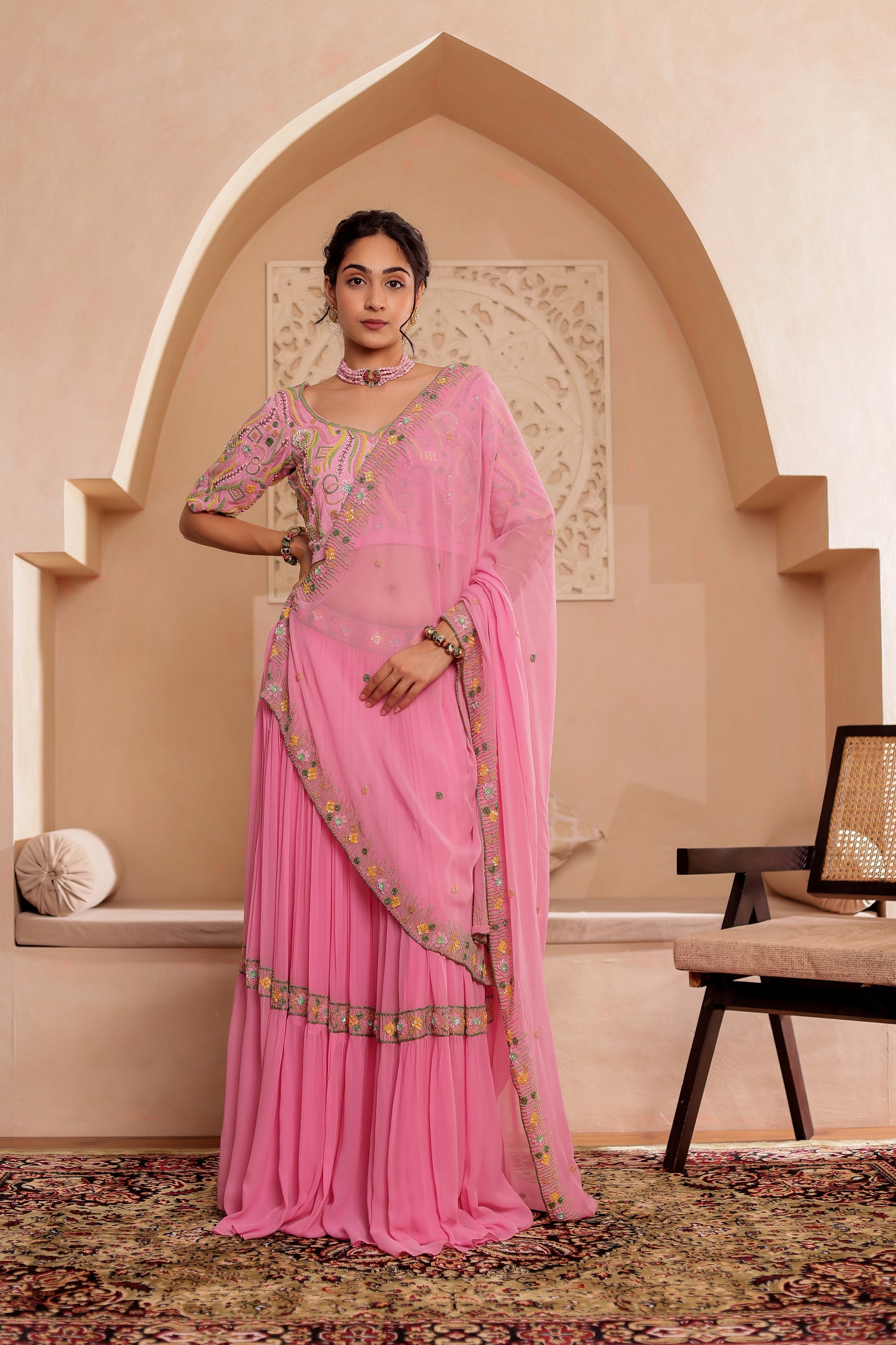 PINK GEORGETTE HANDEMBROIDERED LEHENGA SET