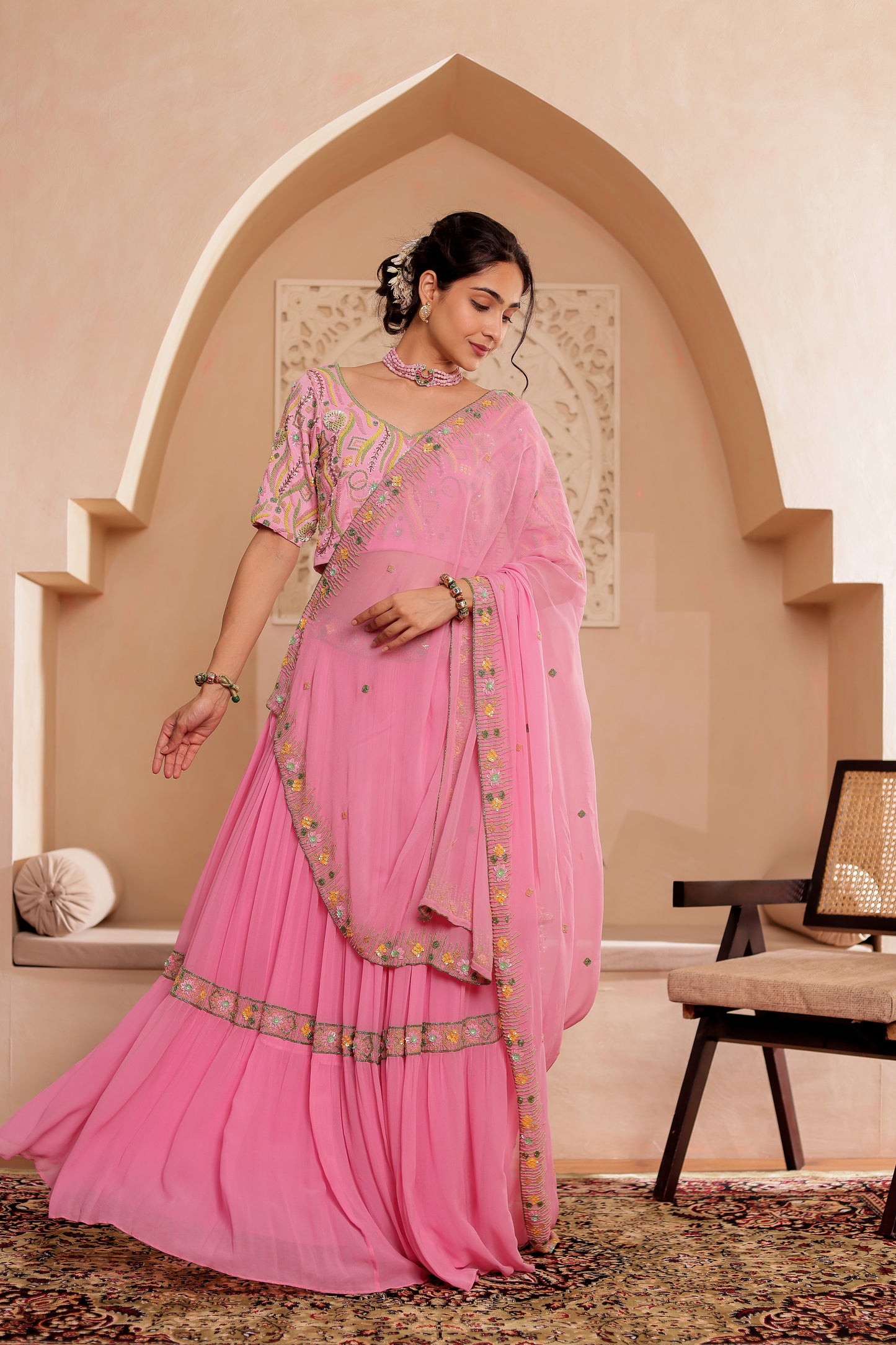 PINK GEORGETTE HANDEMBROIDERED LEHENGA SET