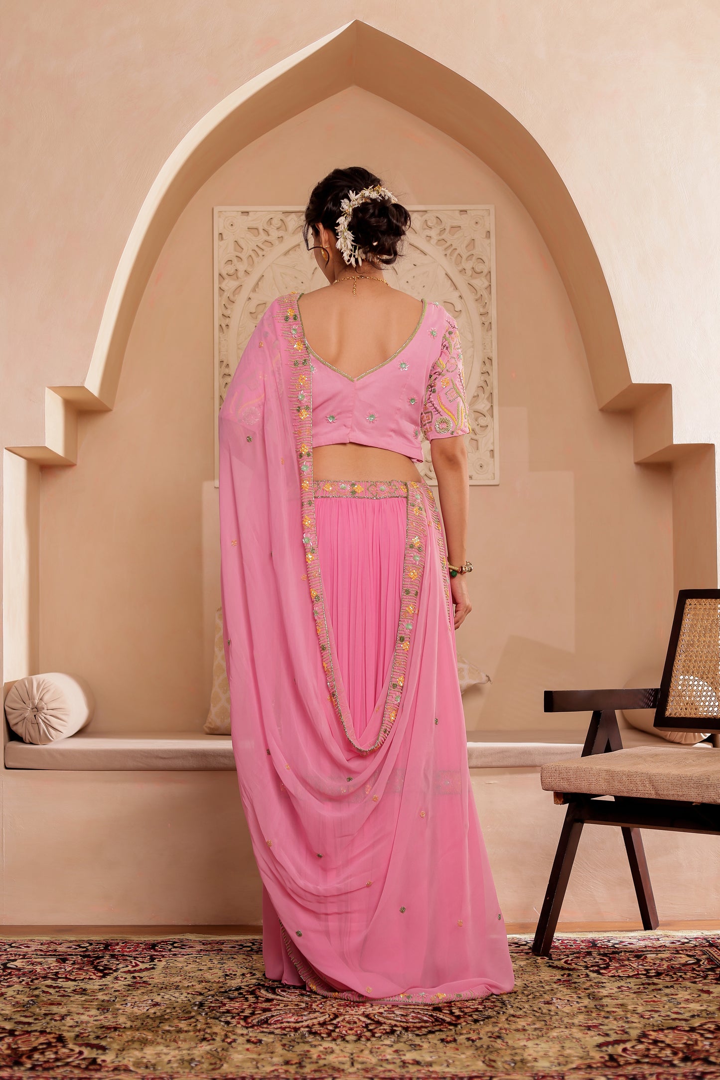 PINK GEORGETTE HANDEMBROIDERED LEHENGA SET