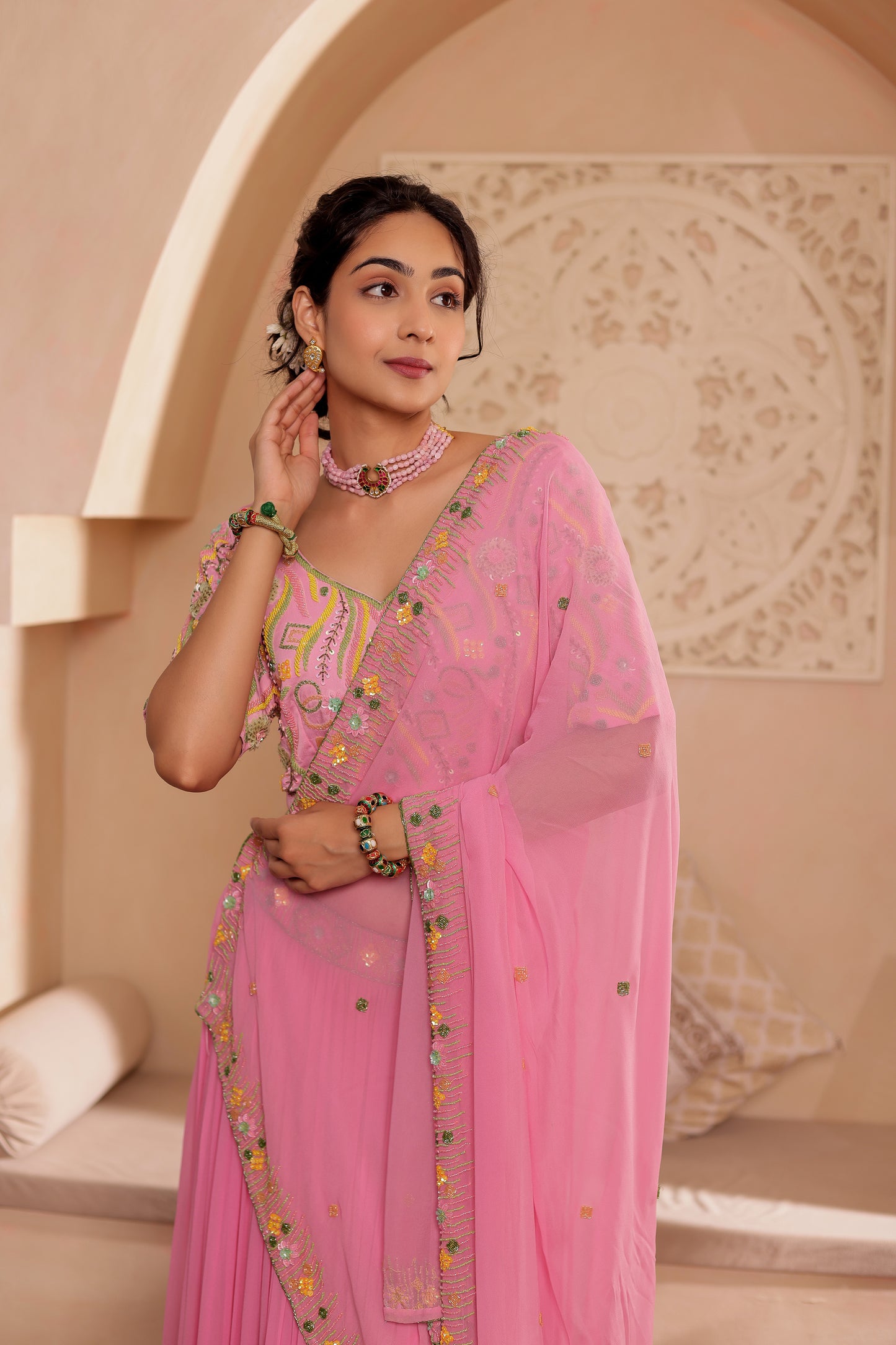 PINK GEORGETTE HANDEMBROIDERED LEHENGA SET