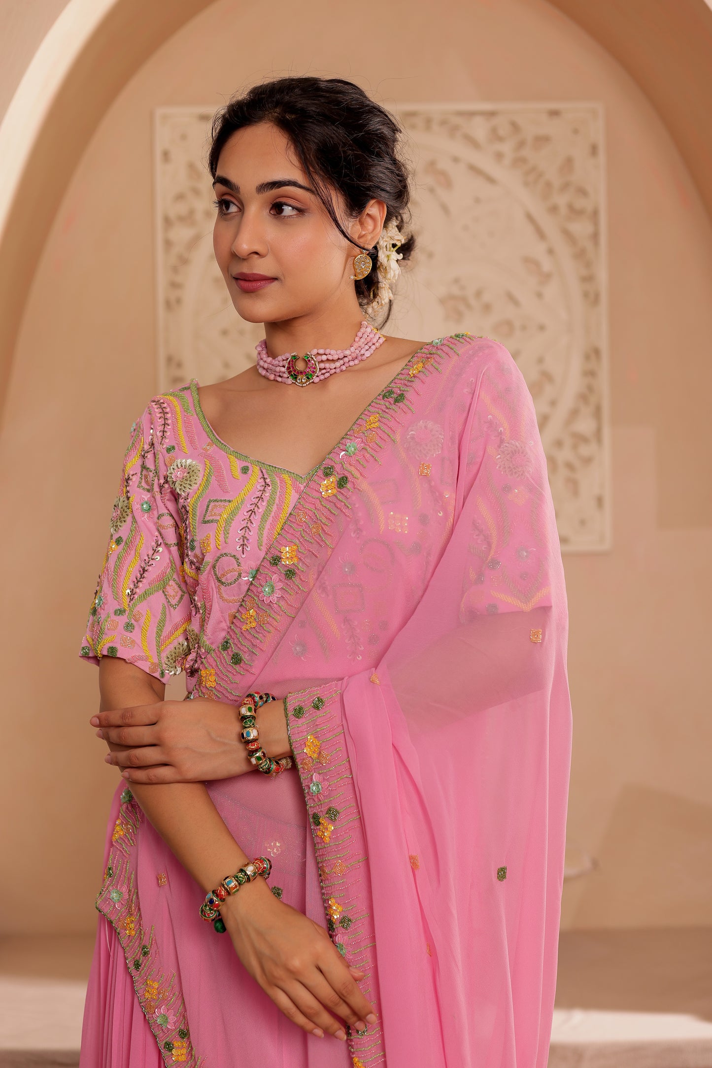 PINK GEORGETTE HANDEMBROIDERED LEHENGA SET