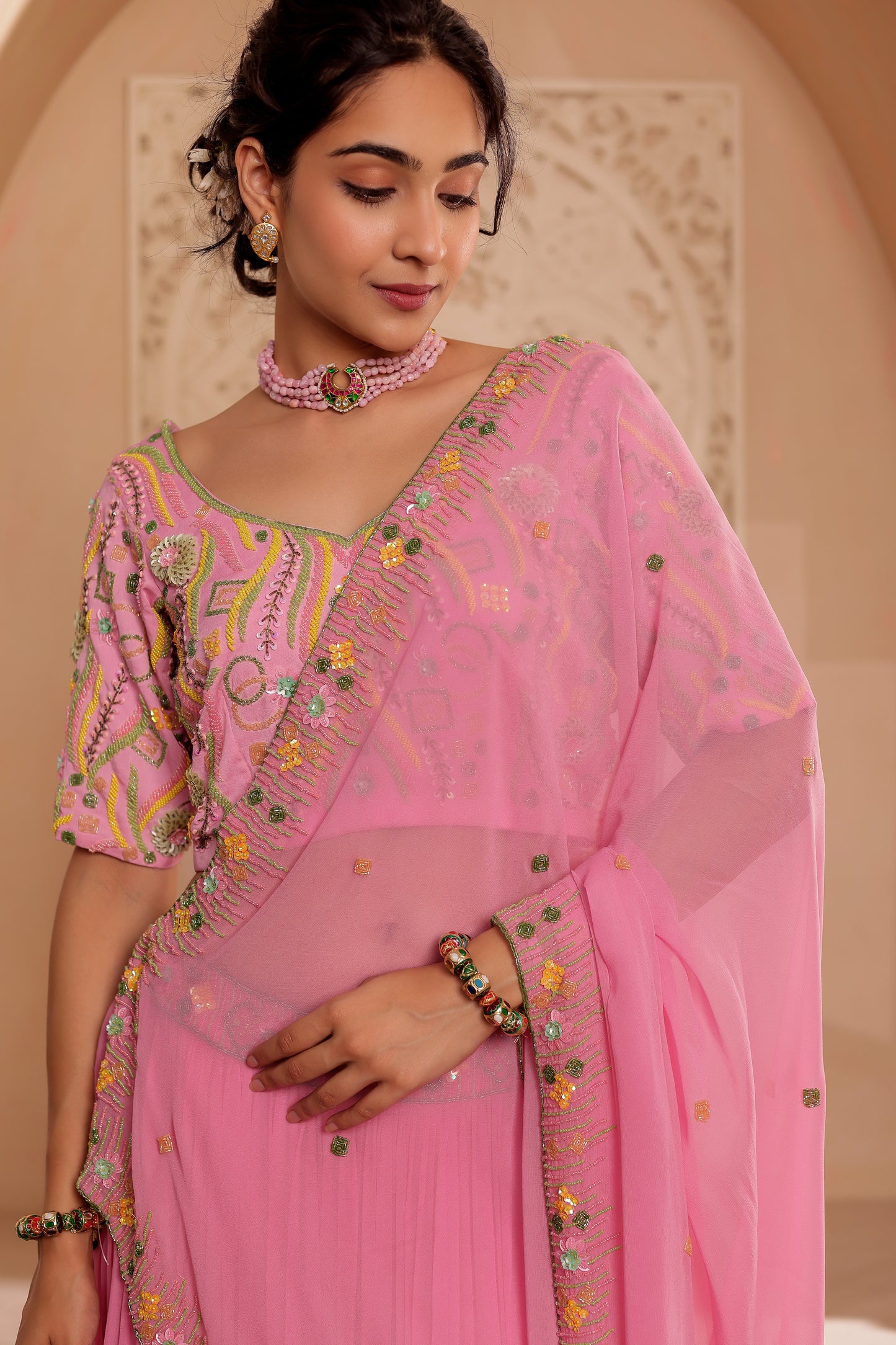 PINK GEORGETTE HANDEMBROIDERED LEHENGA SET