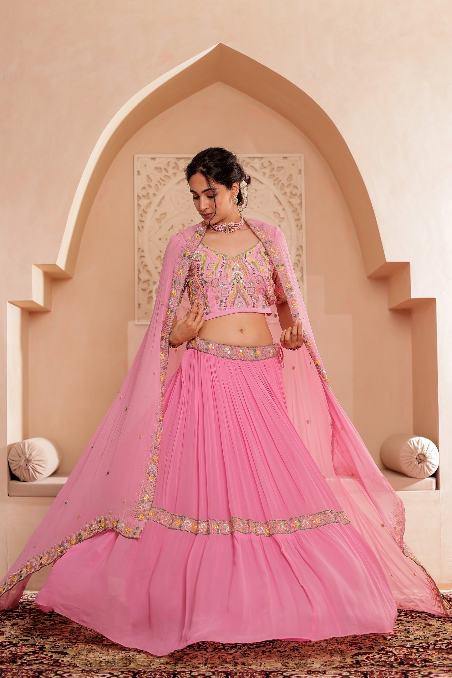 PINK GEORGETTE HANDEMBROIDERED LEHENGA SET