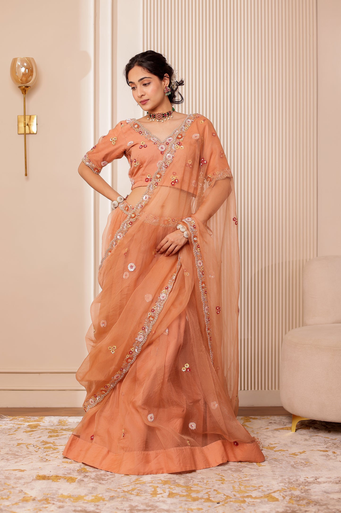 BEIGE HANDEMBROIDERED LEHENGA SET