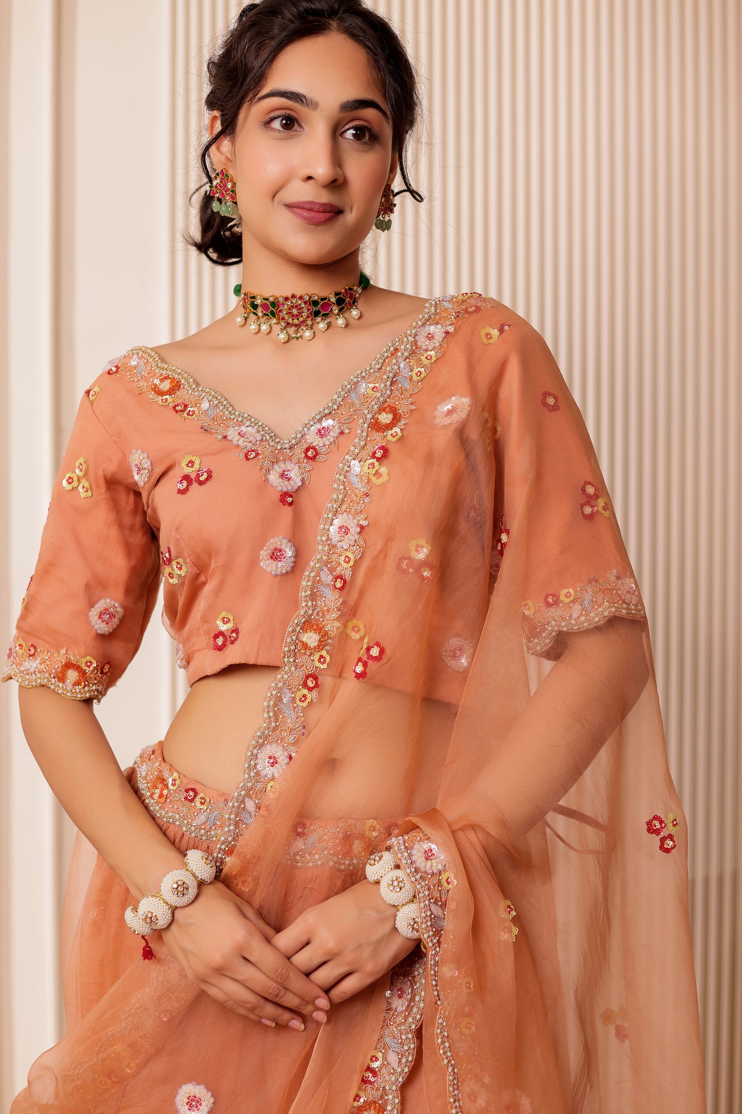 BEIGE HANDEMBROIDERED LEHENGA SET