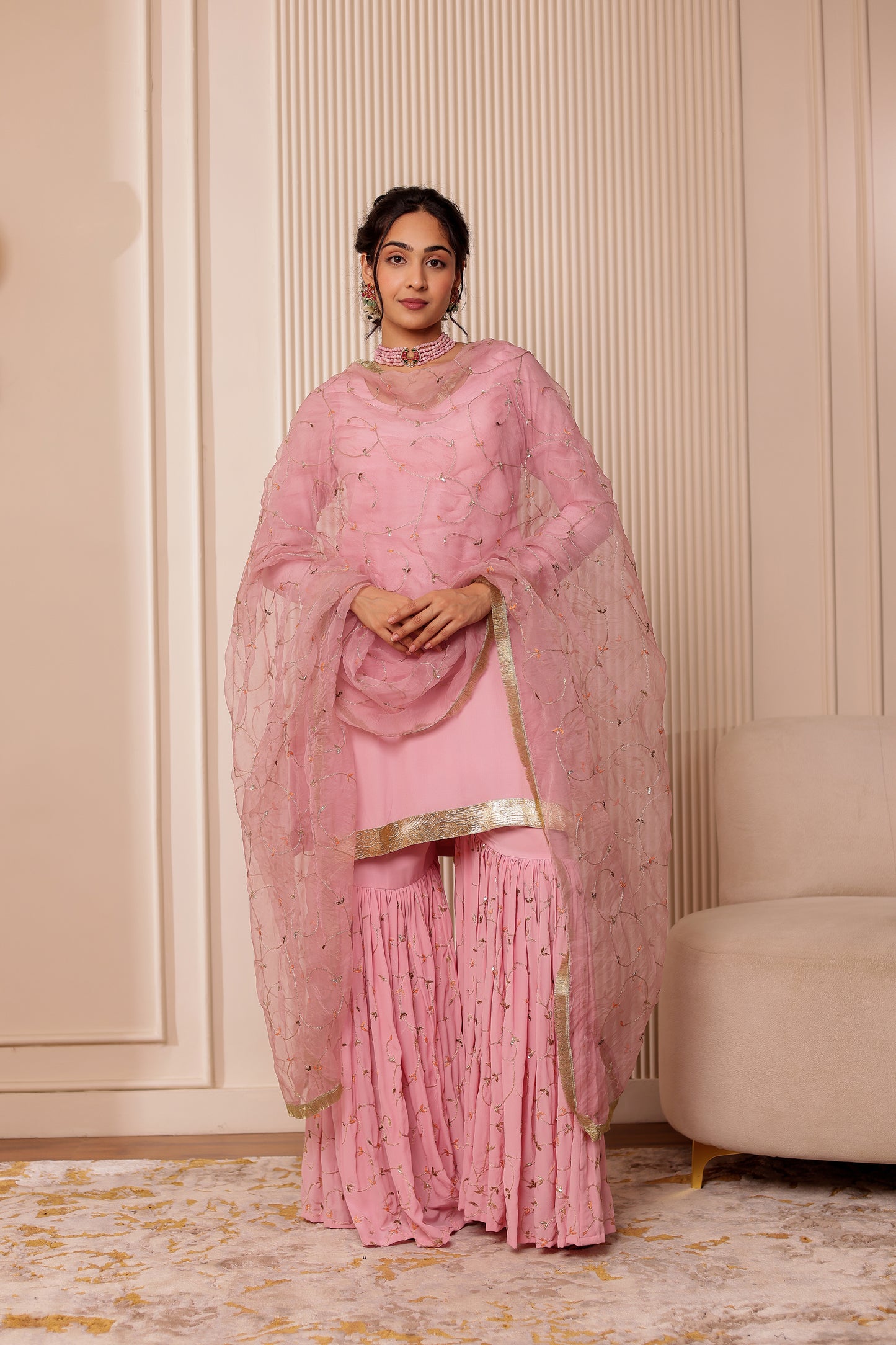 PINK CREPE HANDEMBROIDERED GHARARA SET