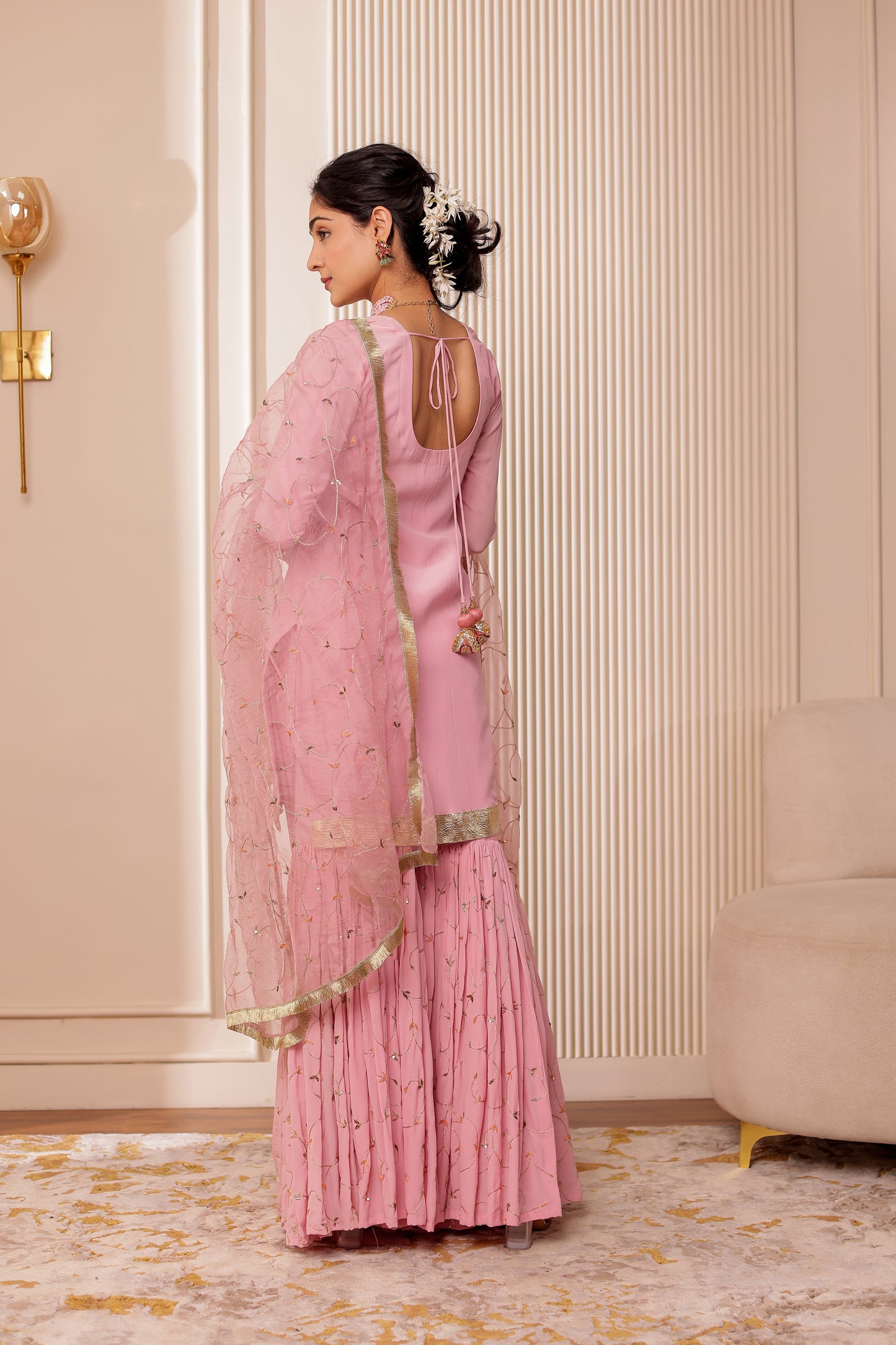 PINK CREPE HANDEMBROIDERED GHARARA SET