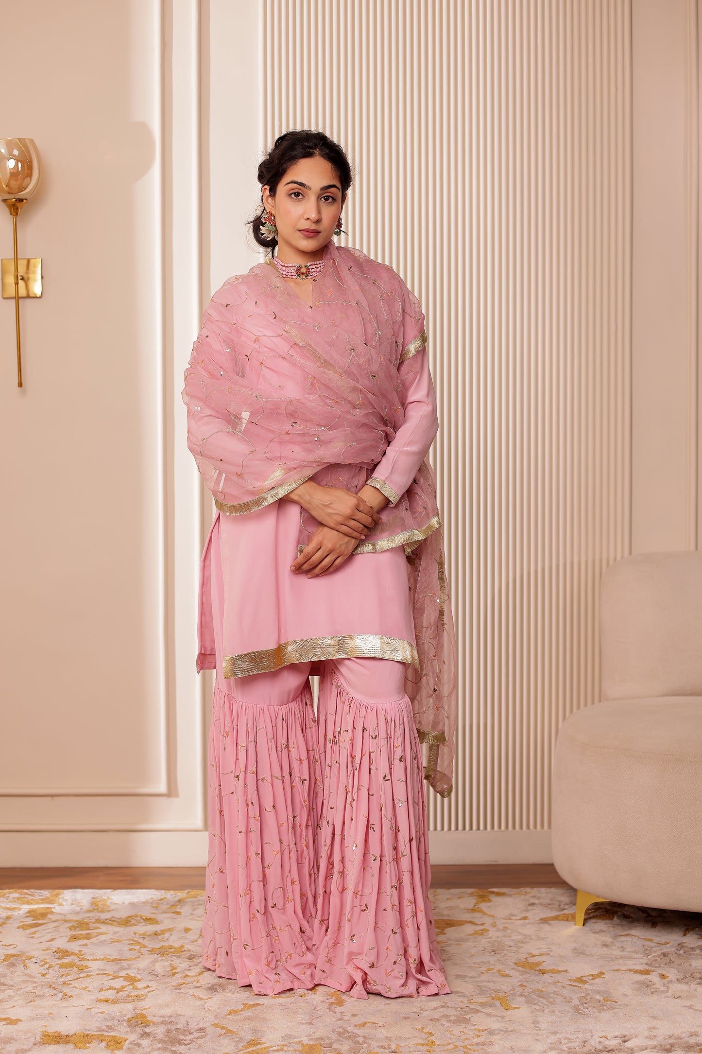 PINK CREPE HANDEMBROIDERED GHARARA SET