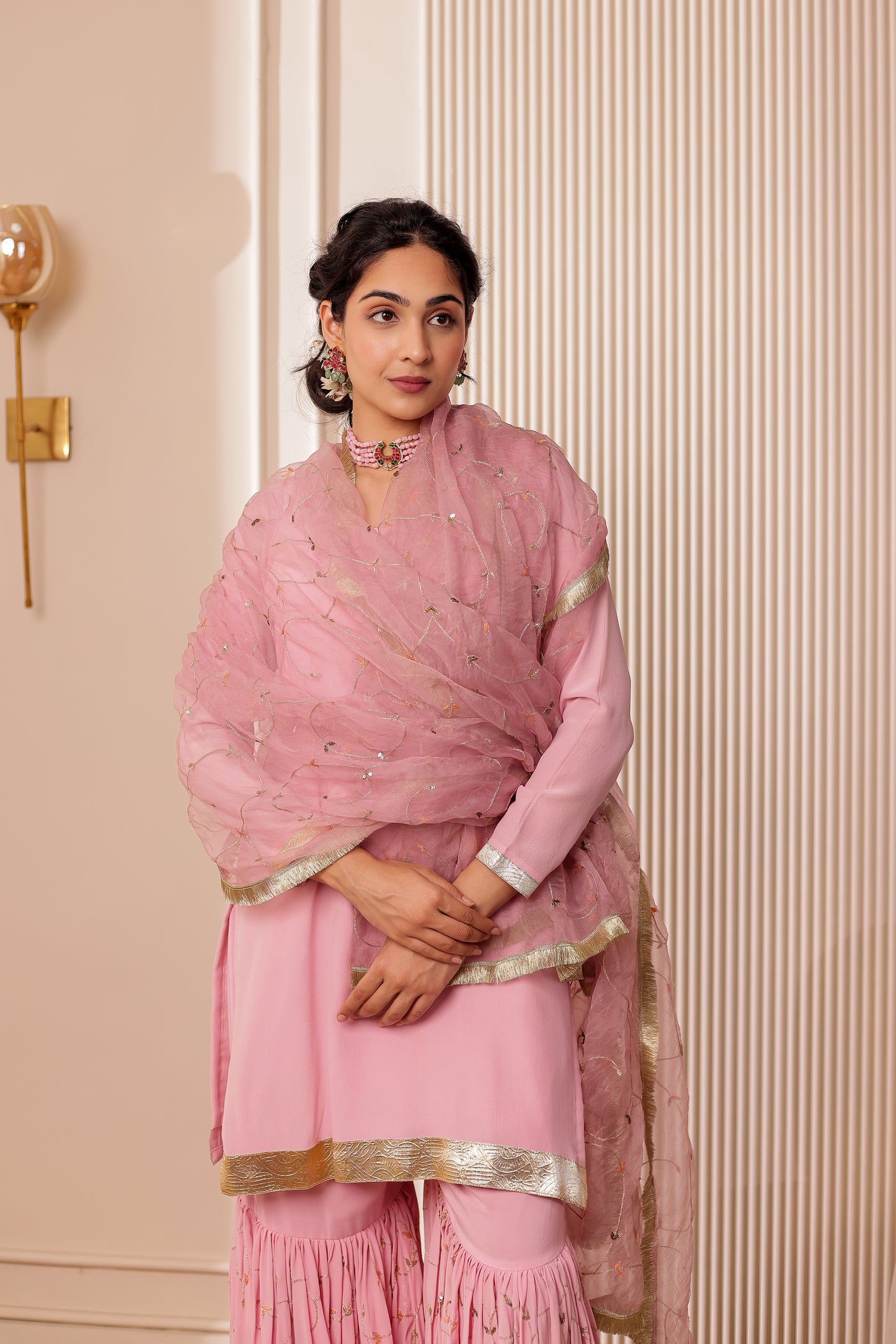 PINK CREPE HANDEMBROIDERED GHARARA SET