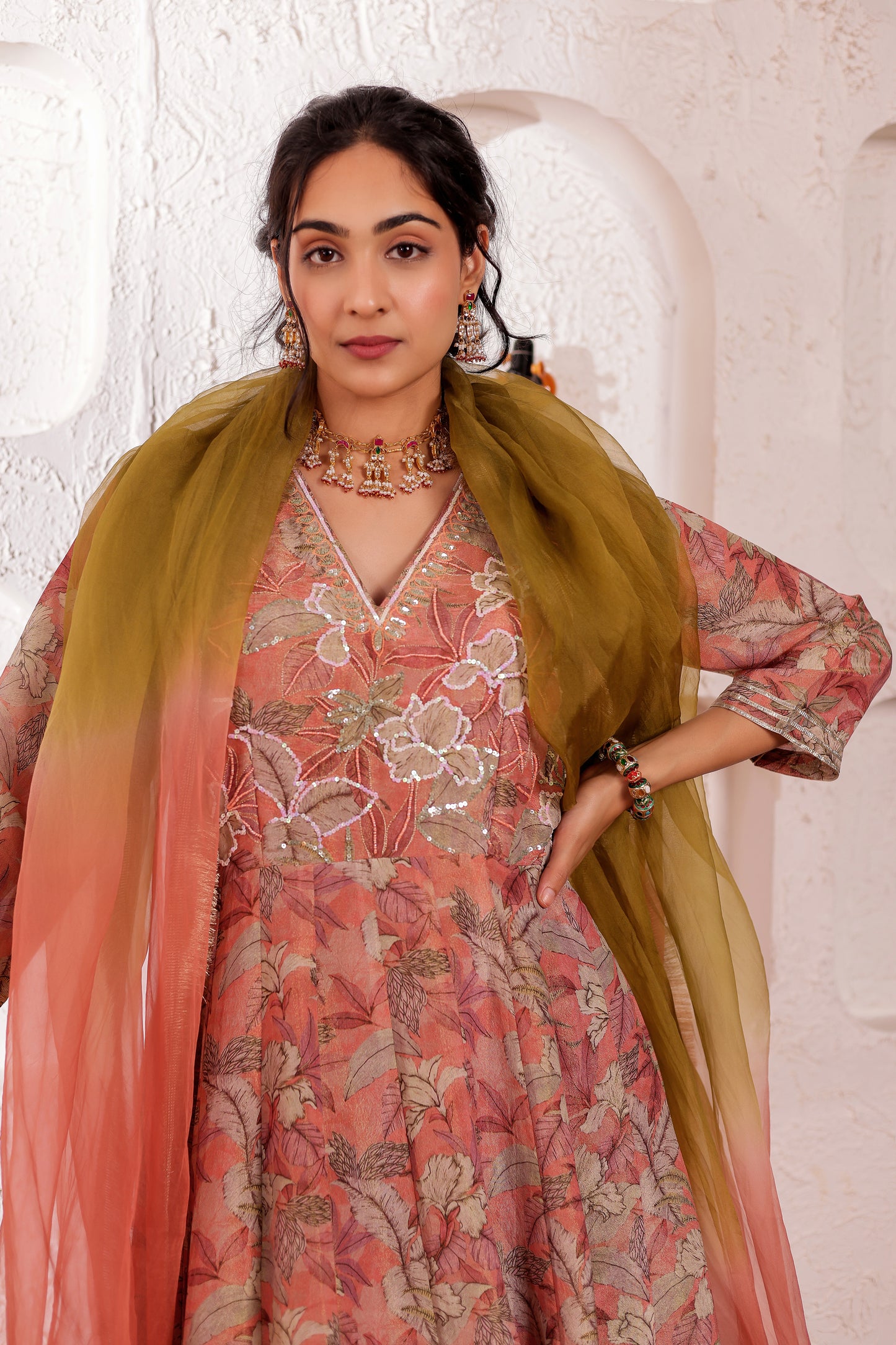 MAUVE CHANDERI PRINTED ANARKALI SET
