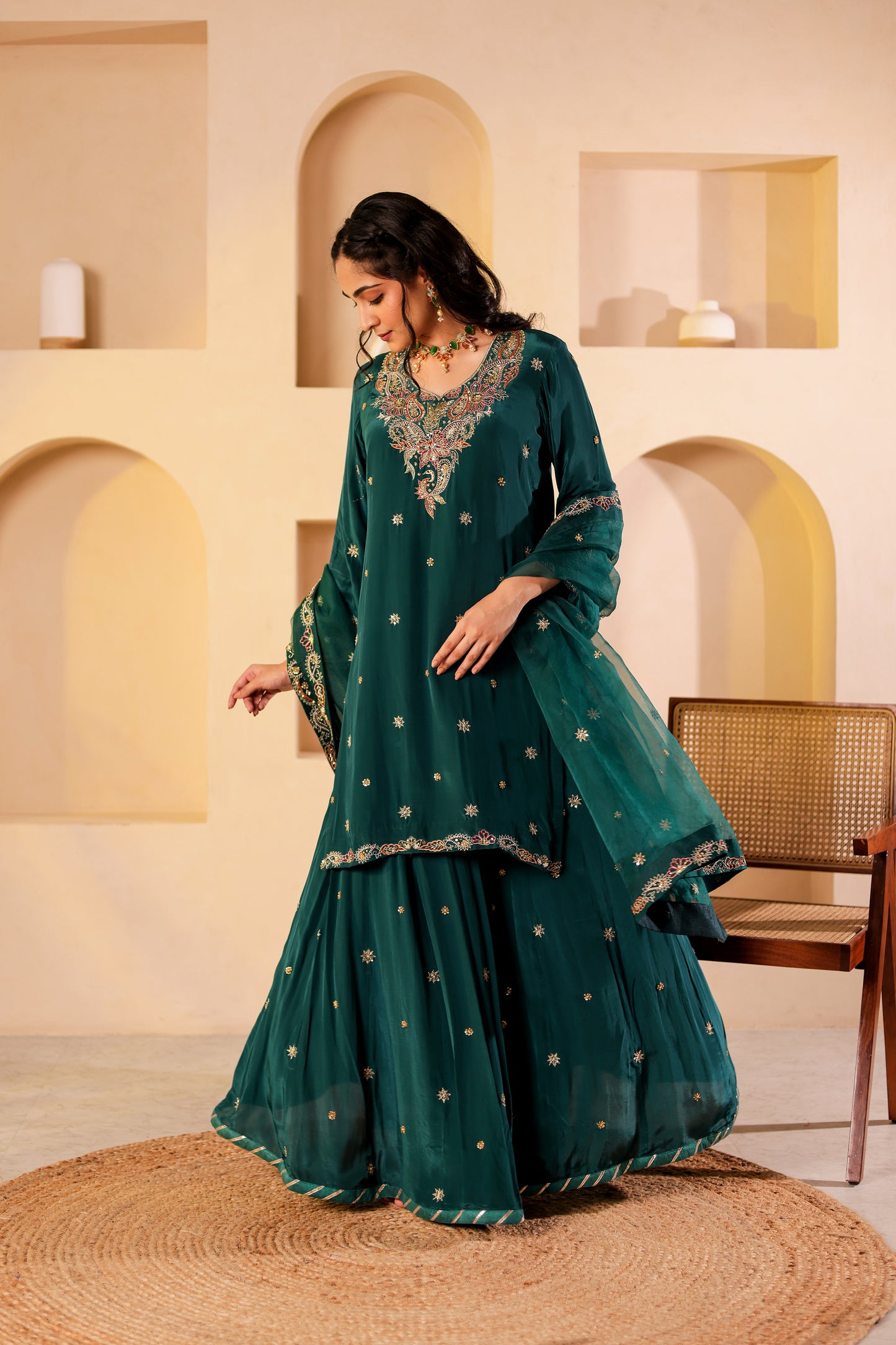 Teal Silk Handembroidered Sharara Set