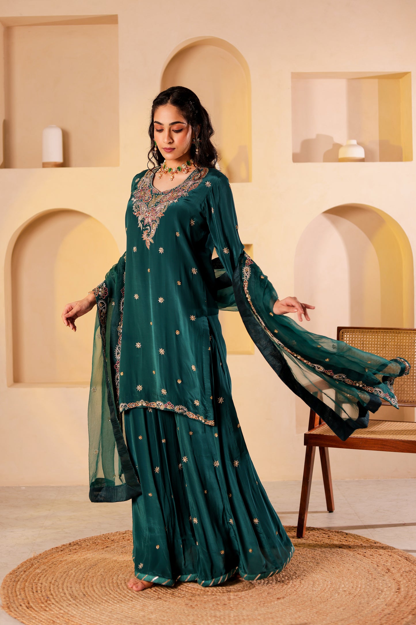 Teal Silk Handembroidered Sharara Set