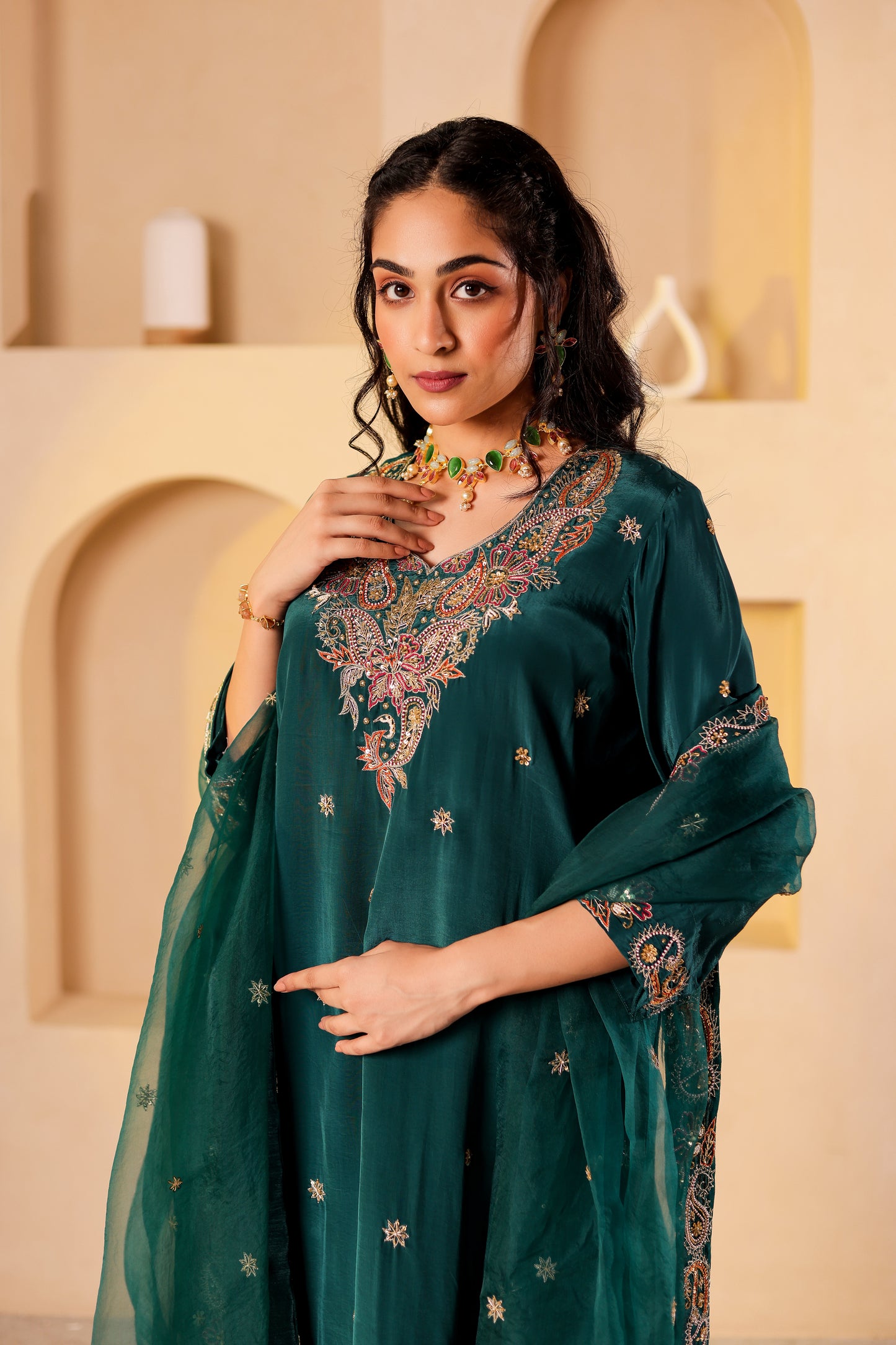 Teal Silk Handembroidered Sharara Set