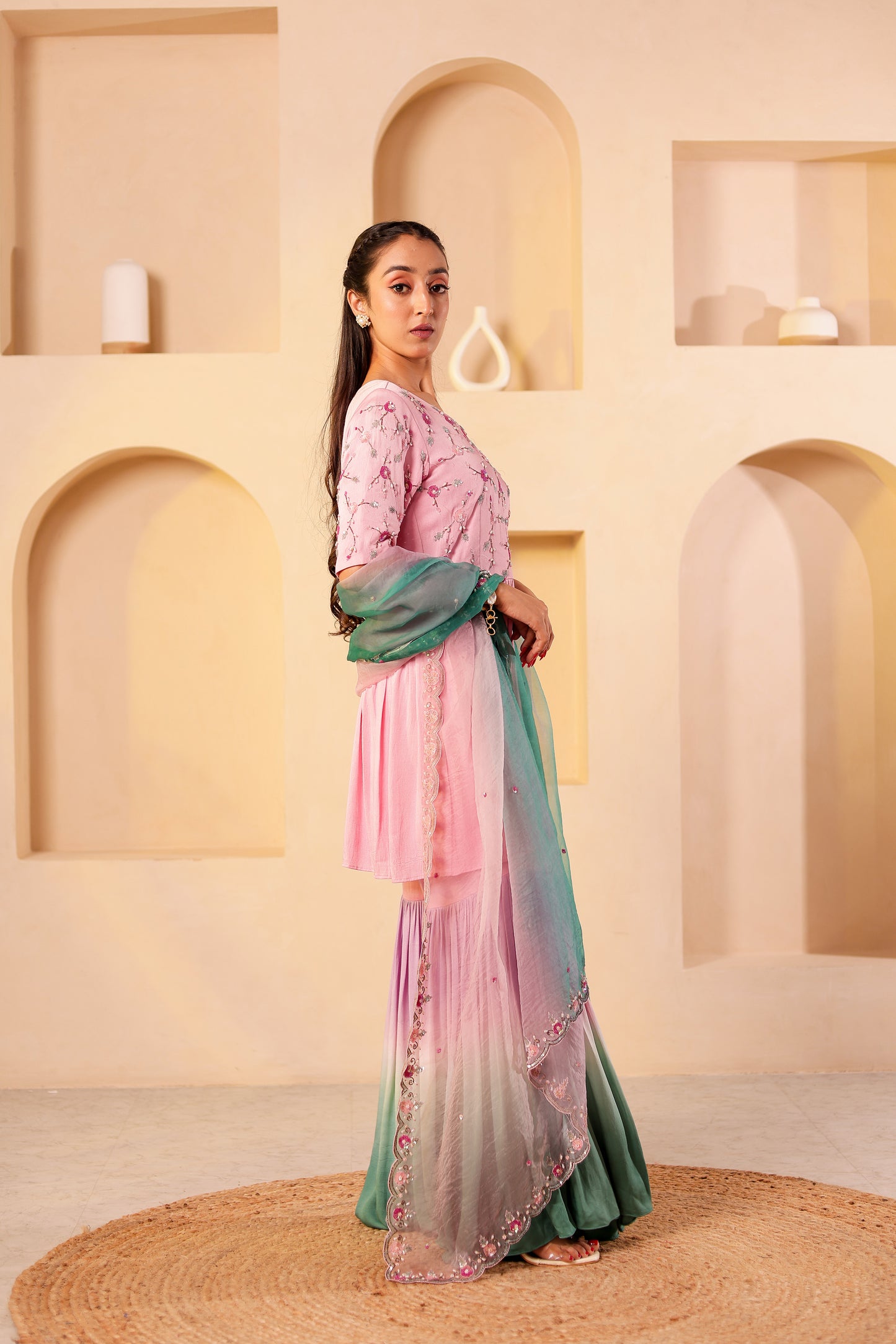 Flamingo Crepe Satin Handembroidered Gharara Set
