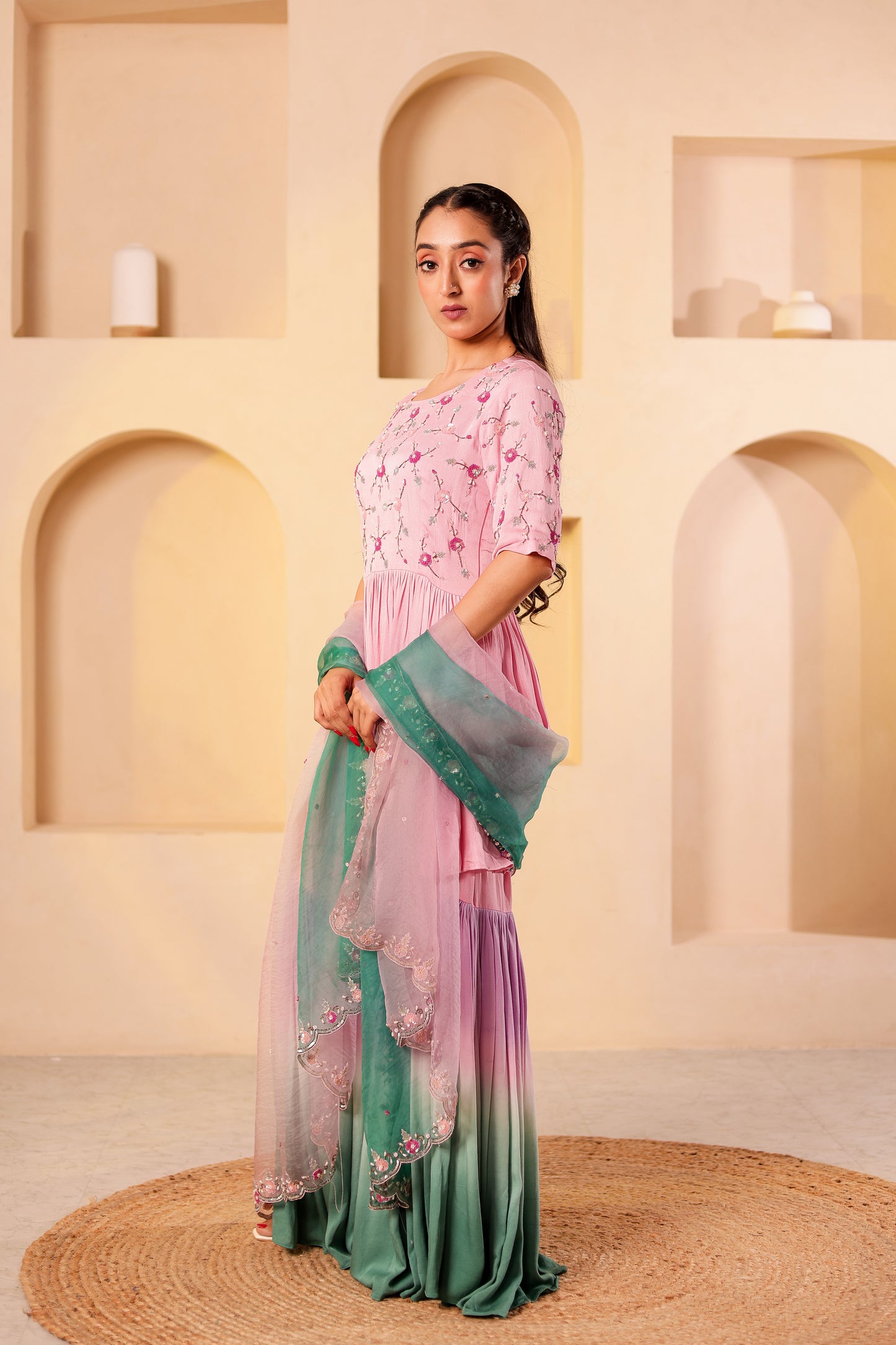 Flamingo Crepe Satin Handembroidered Gharara Set