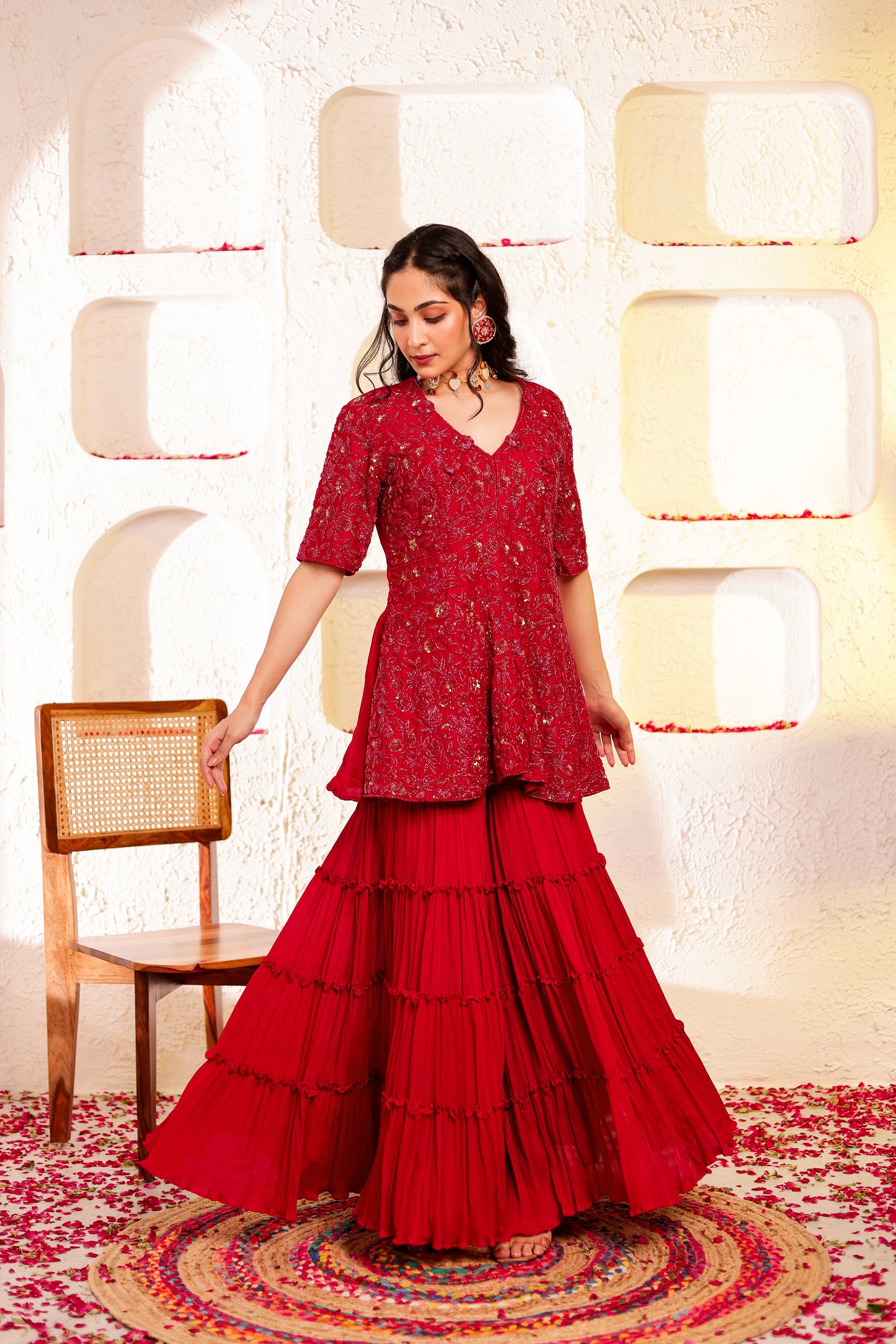 Red Handembroidered Peplum Sharara Set
