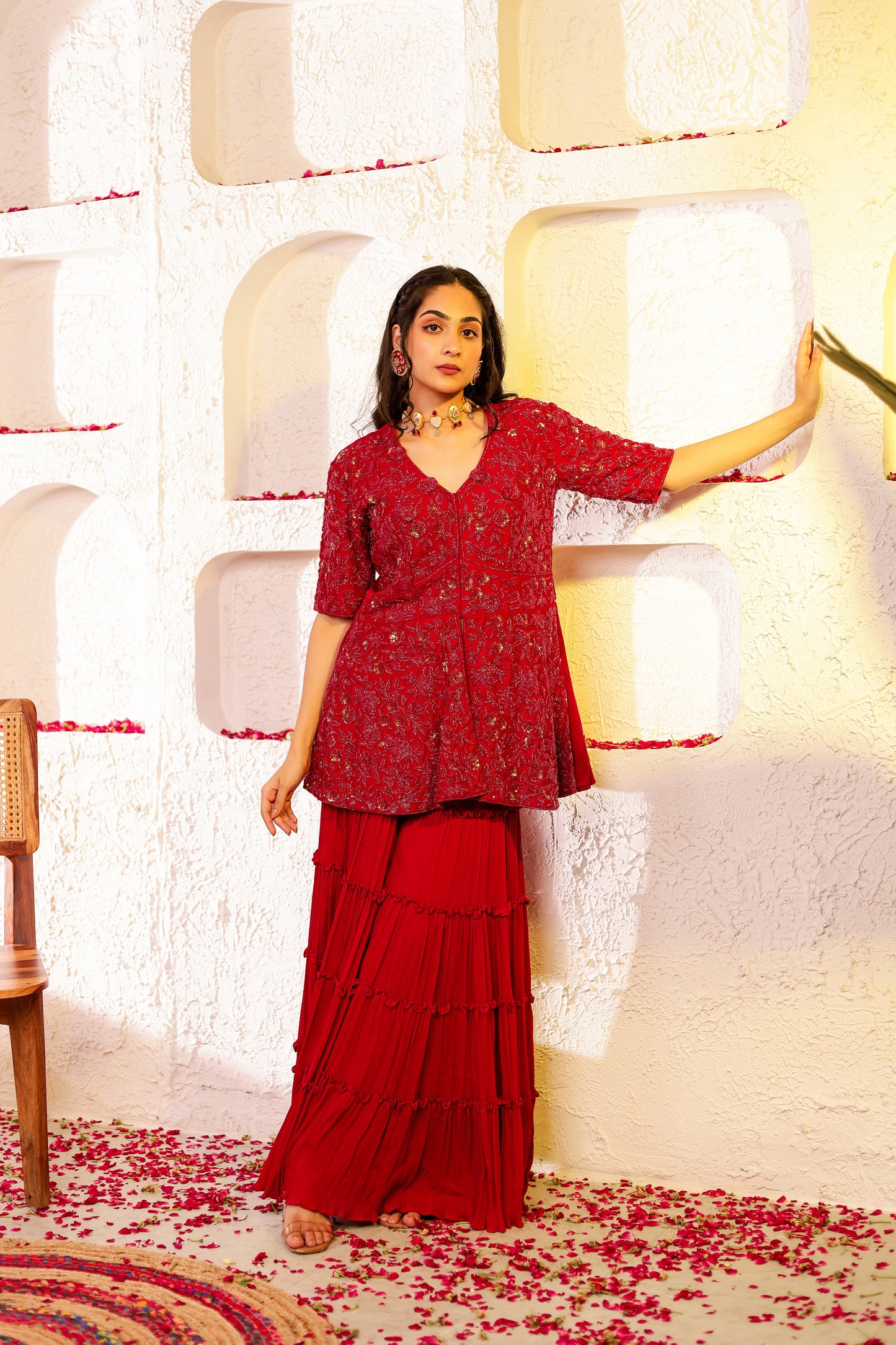 Red Handembroidered Peplum Sharara Set