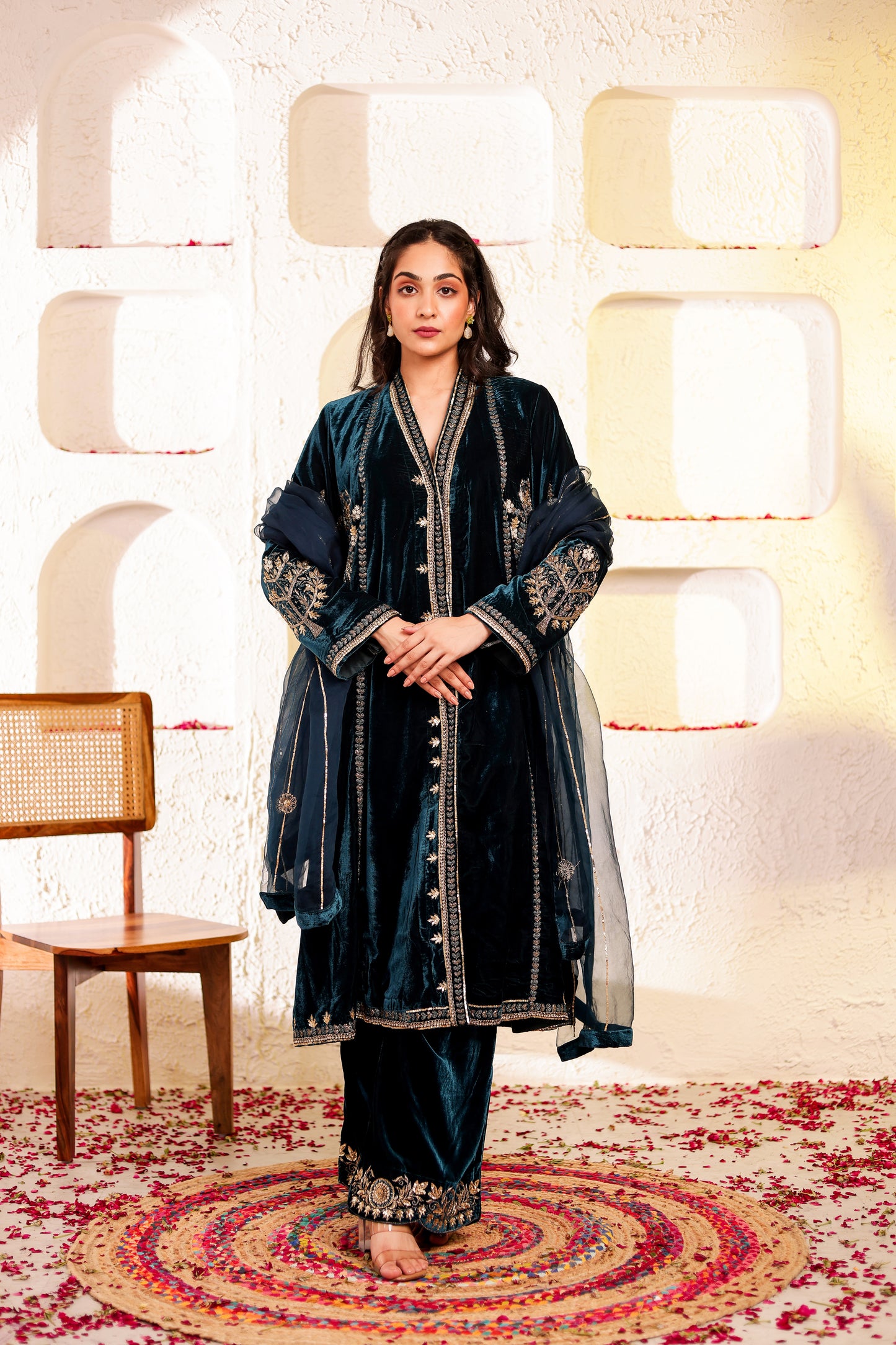 Velvet Silk Handembroidered Suit Set