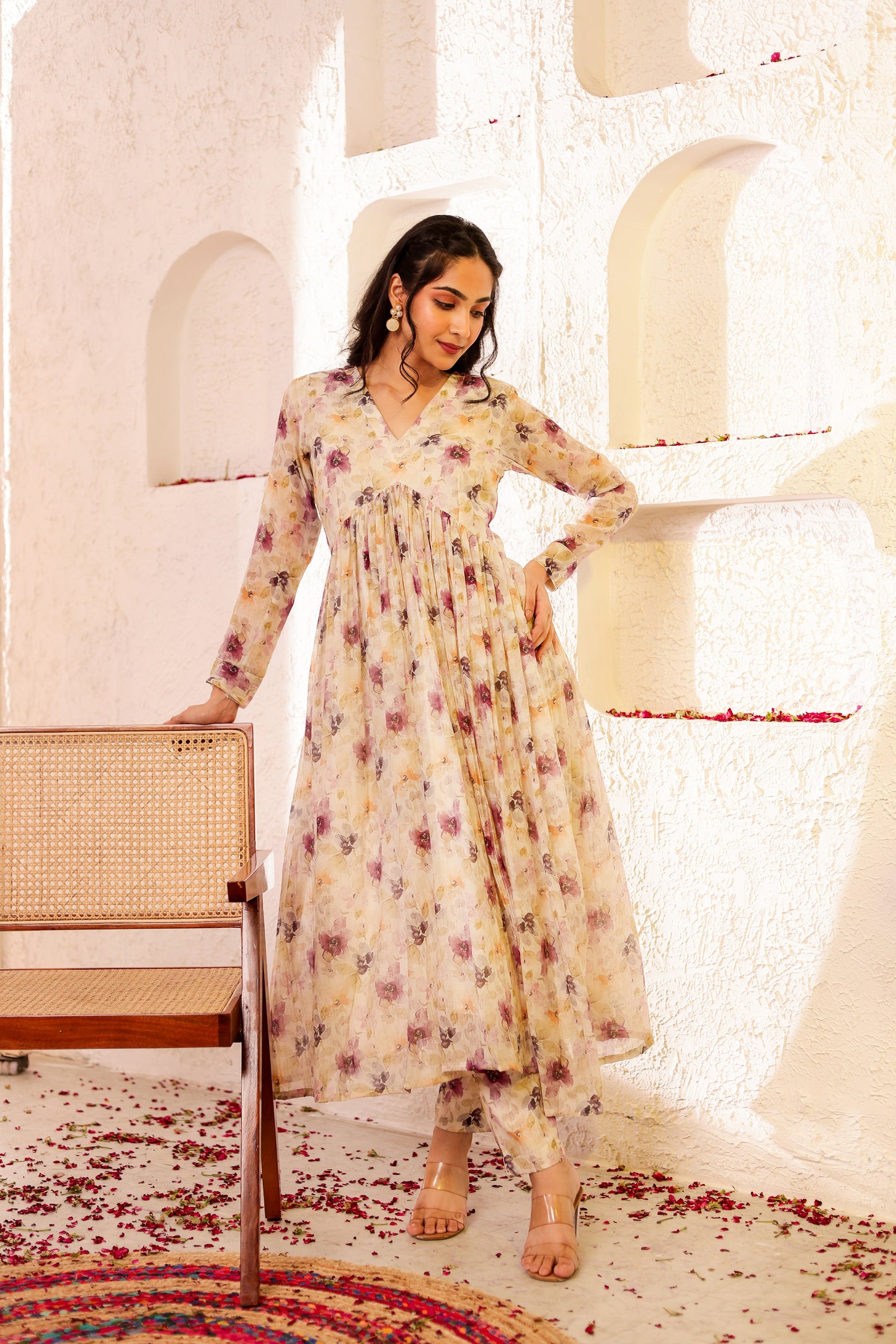 Beige Mul Chanderi Printed Co-ord Set