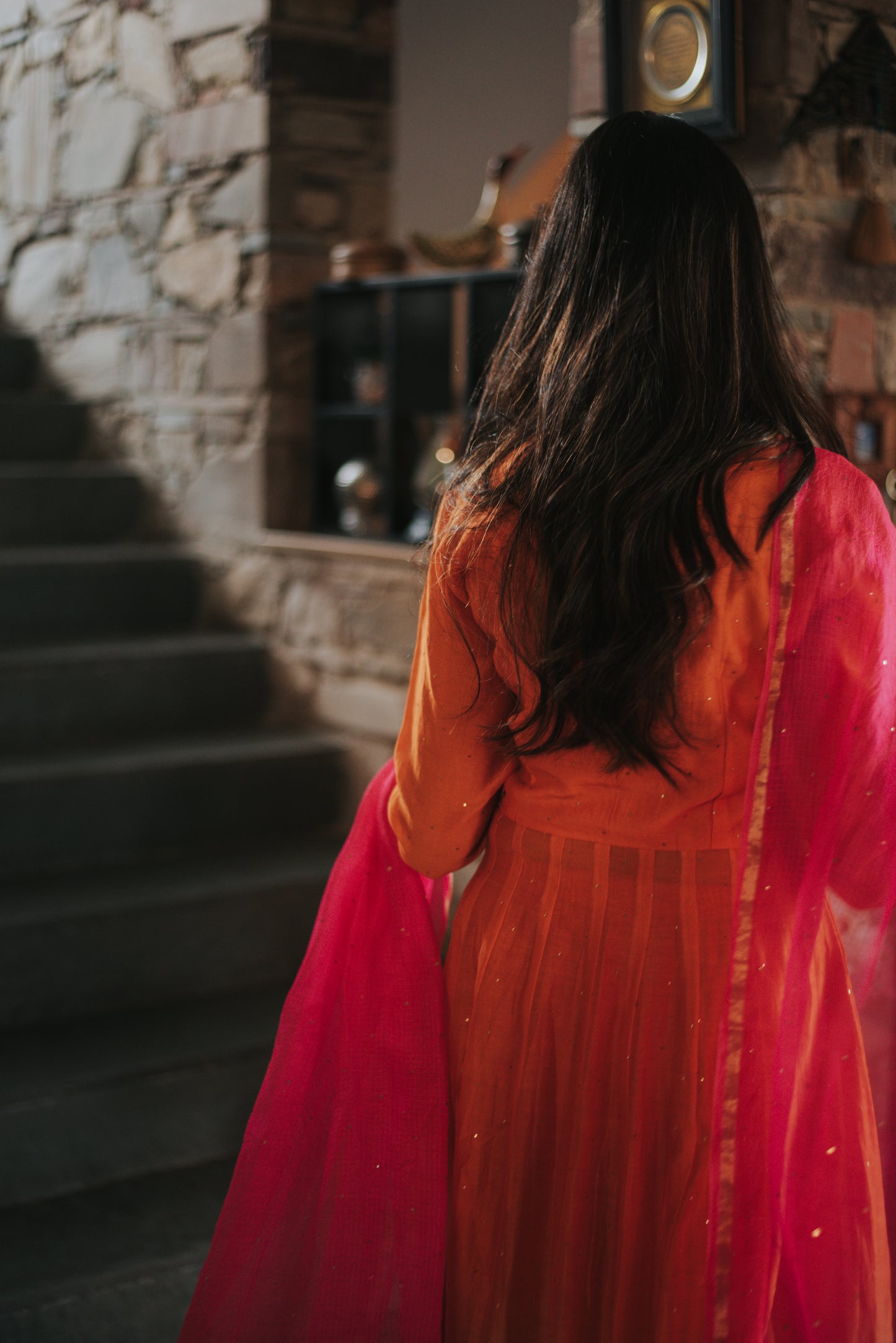 Orange Chanderi Silk Mukeish Anarkali Set