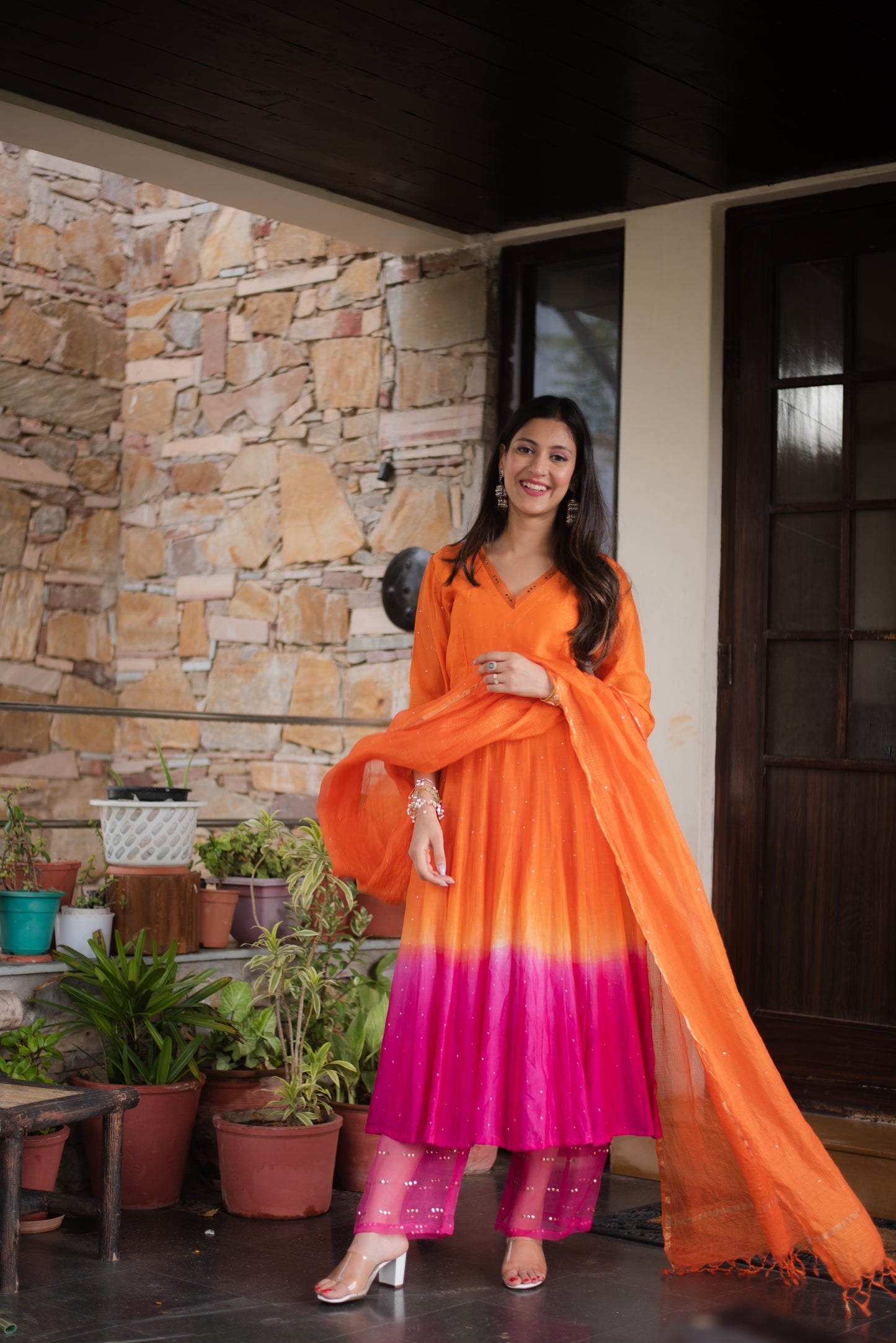 Orange Chanderi Silk Mukeish Anarkali Set