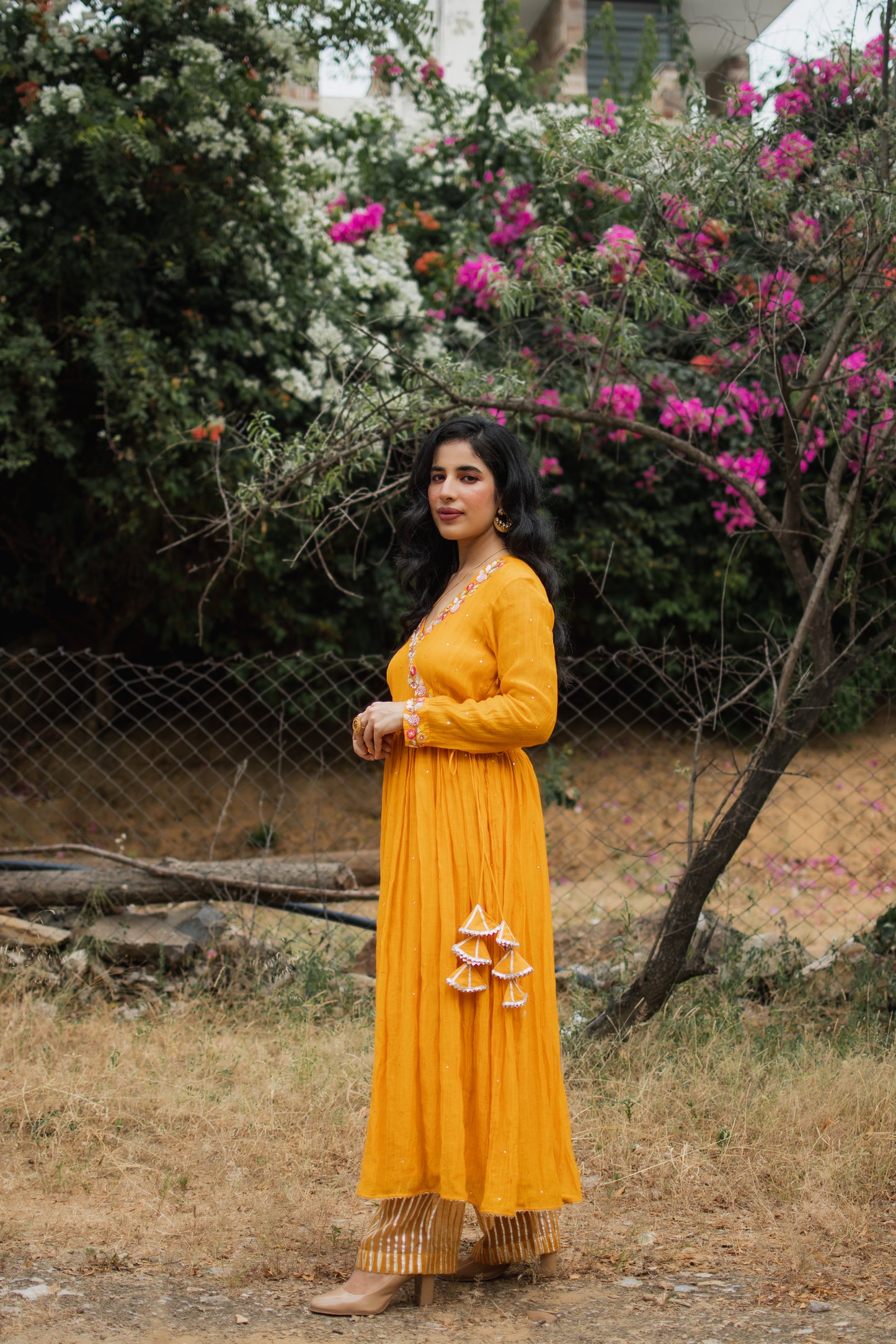 Mustard Chanderi Hanembroidered Anarkali Set