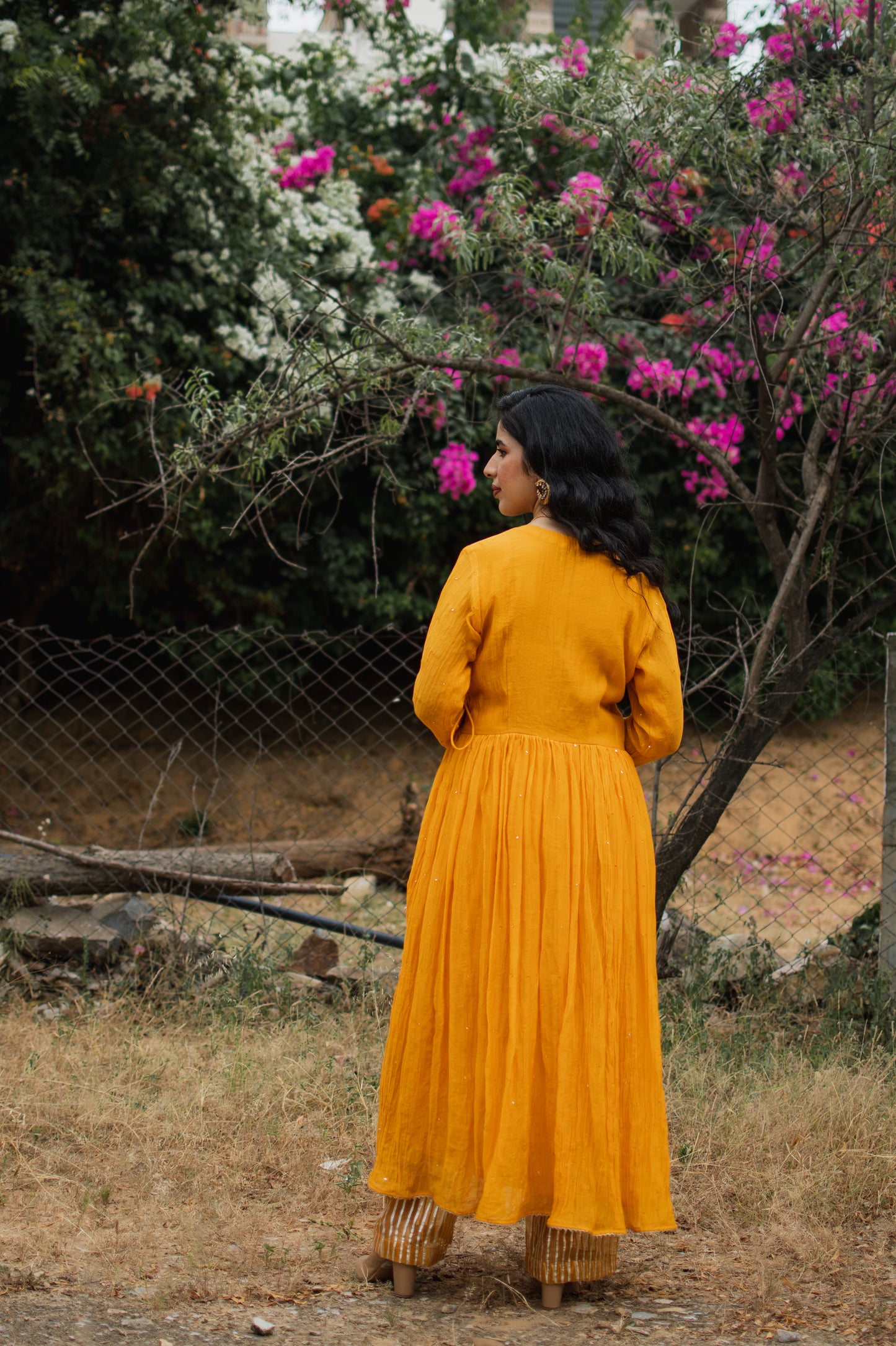Mustard Chanderi Hanembroidered Anarkali Set