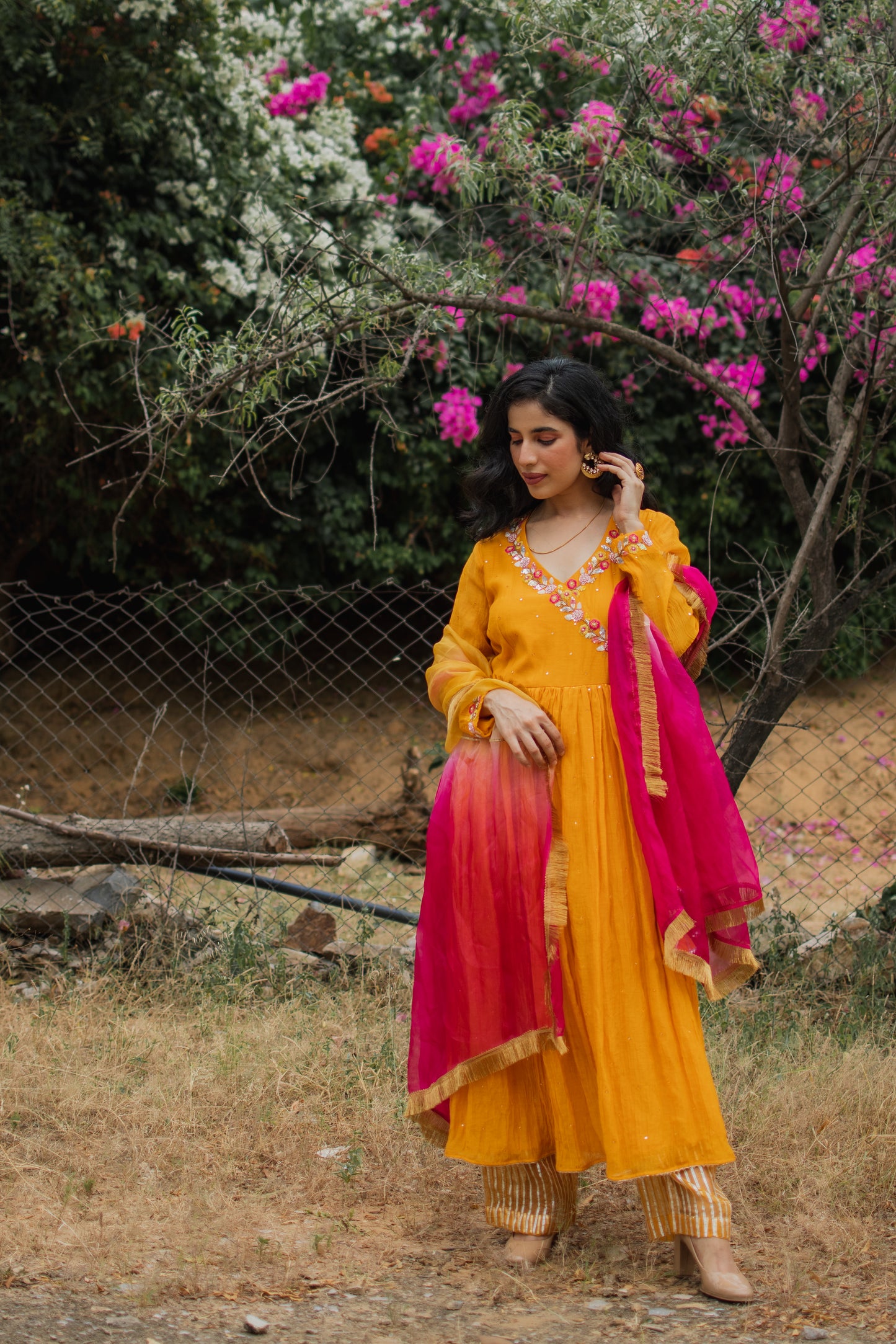 Mustard Chanderi Hanembroidered Anarkali Set