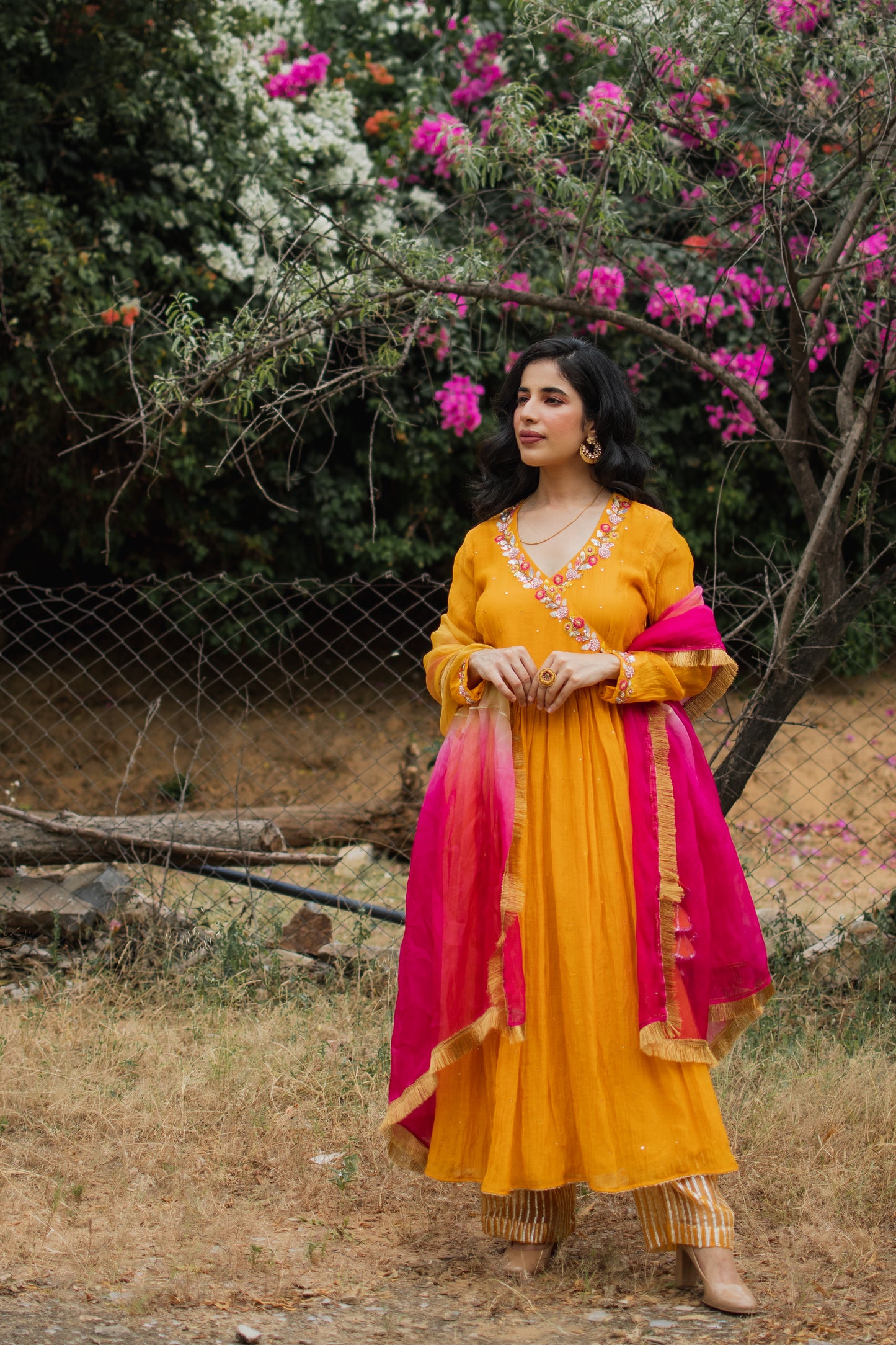 Mustard Chanderi Hanembroidered Anarkali Set