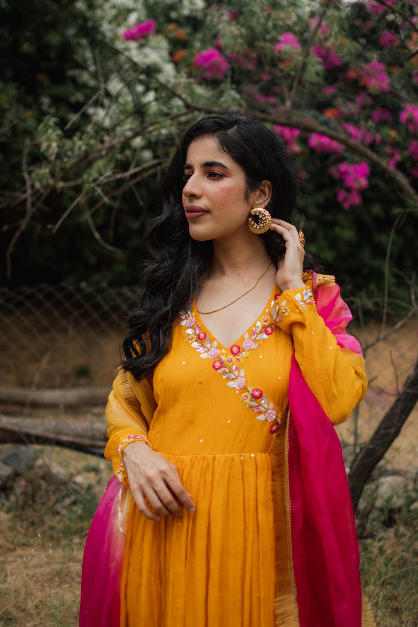 Mustard Chanderi Hanembroidered Anarkali Set