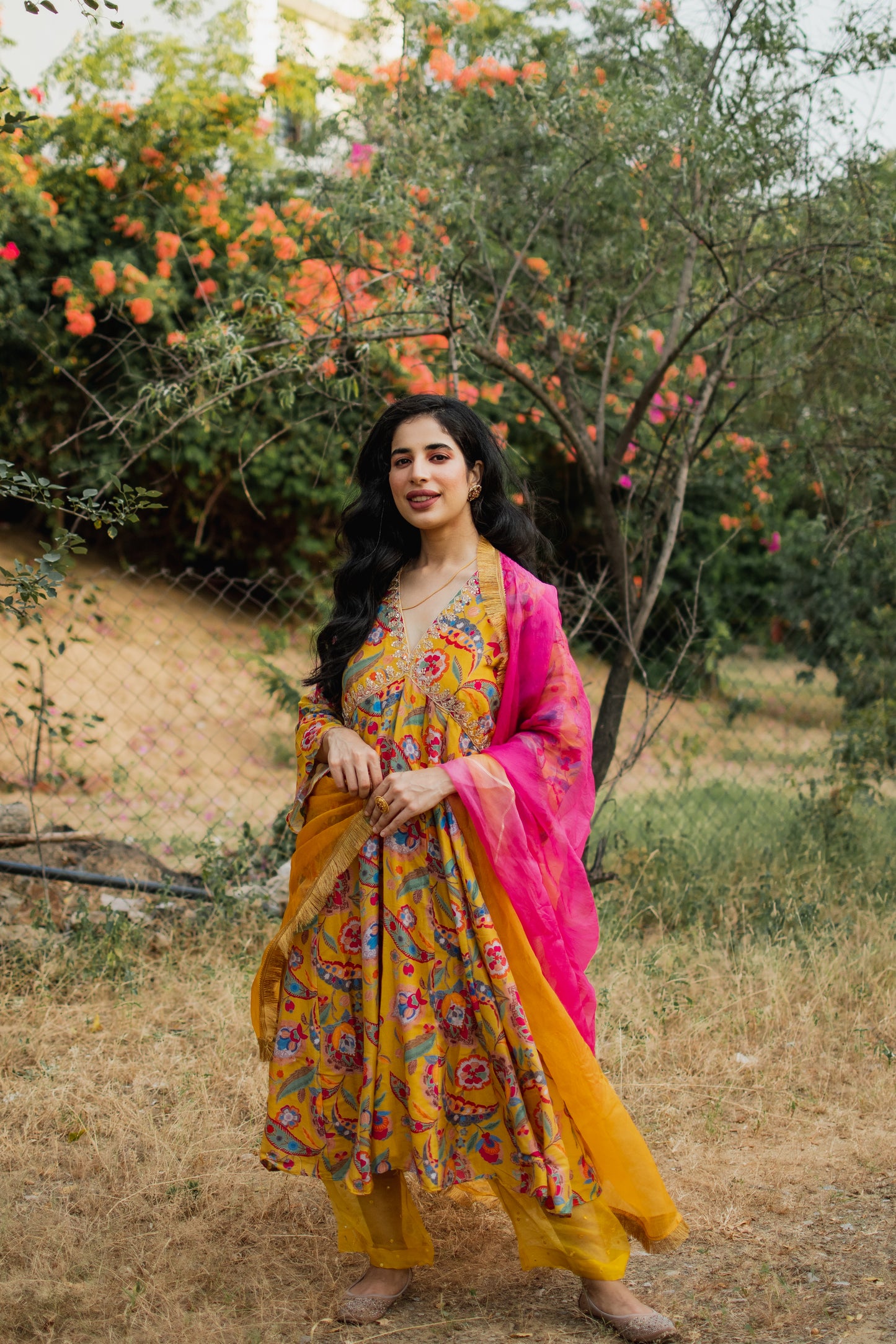 Mustard Floral Digital Printed Anarkali Set