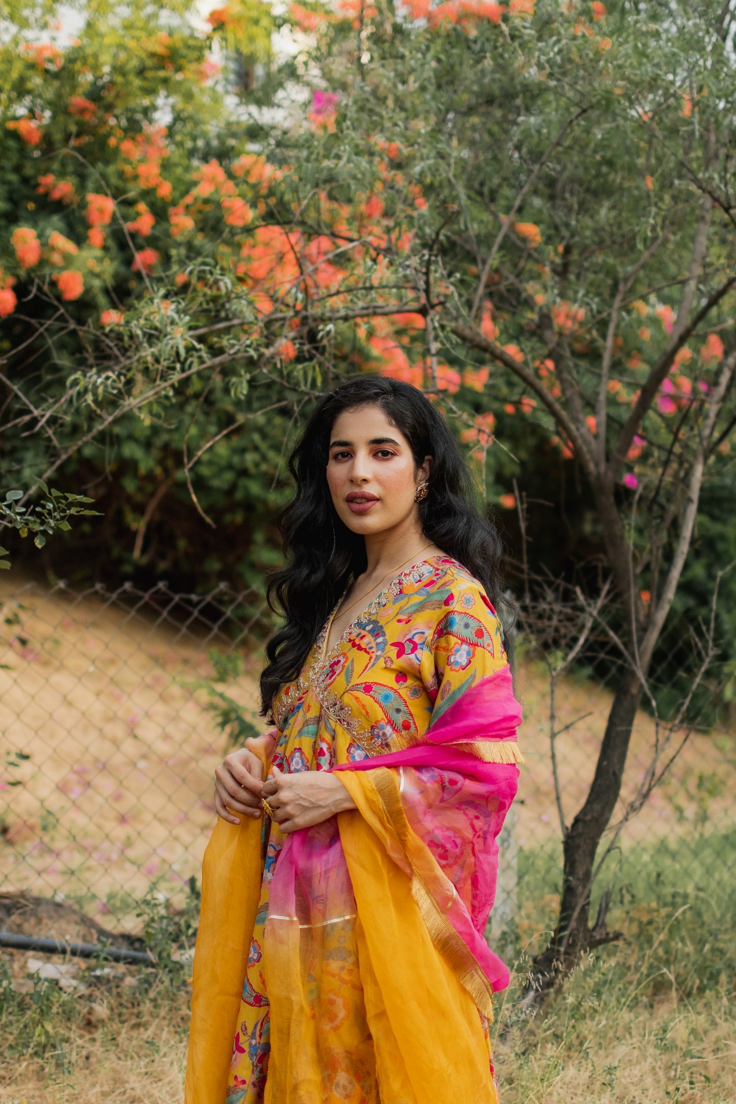 Mustard Floral Digital Printed Anarkali Set