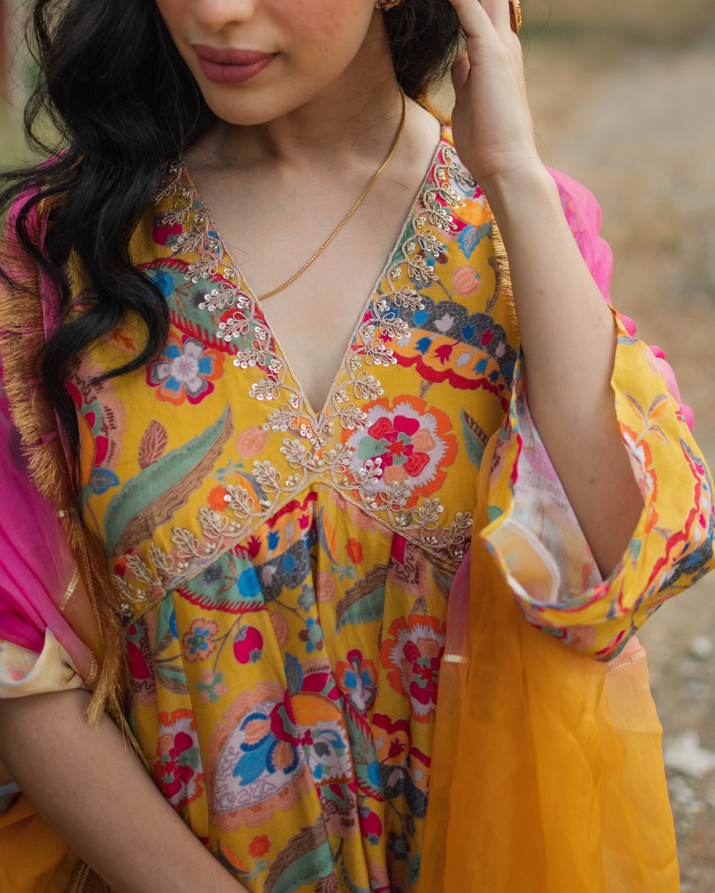 Mustard Floral Digital Printed Anarkali Set