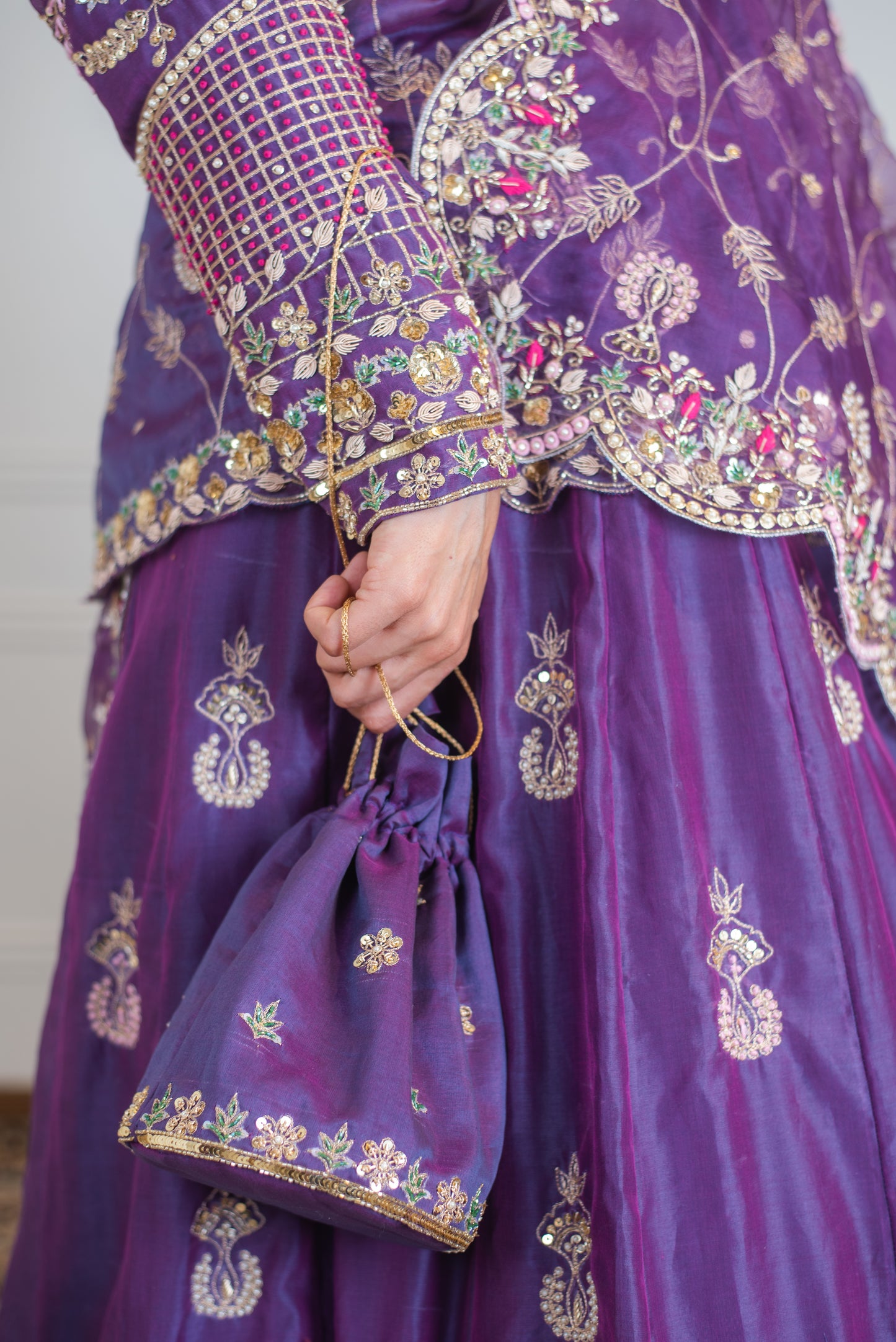 Purple Handembroidered Chanderi Silk Lehenga Set