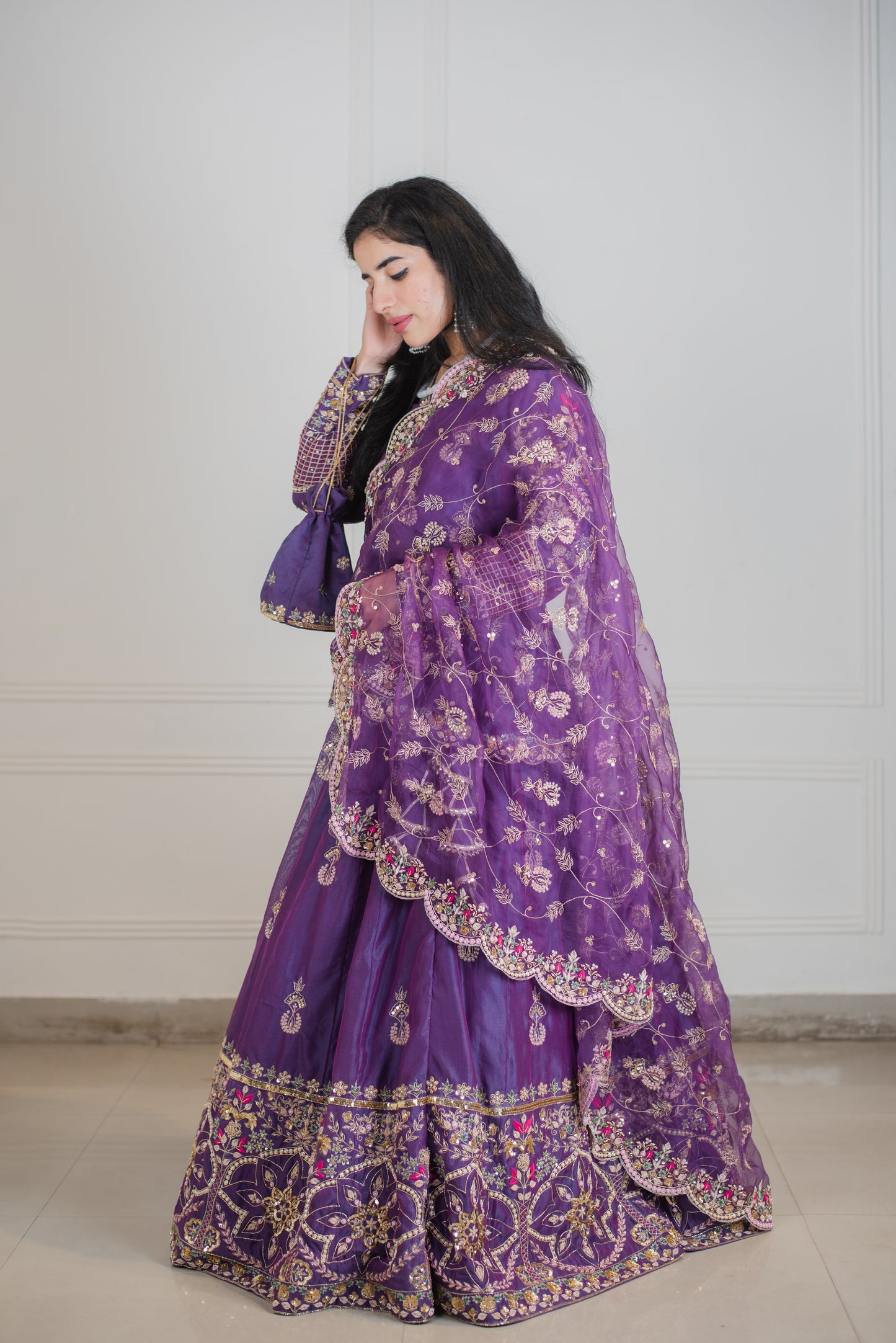 Purple Handembroidered Chanderi Silk Lehenga Set