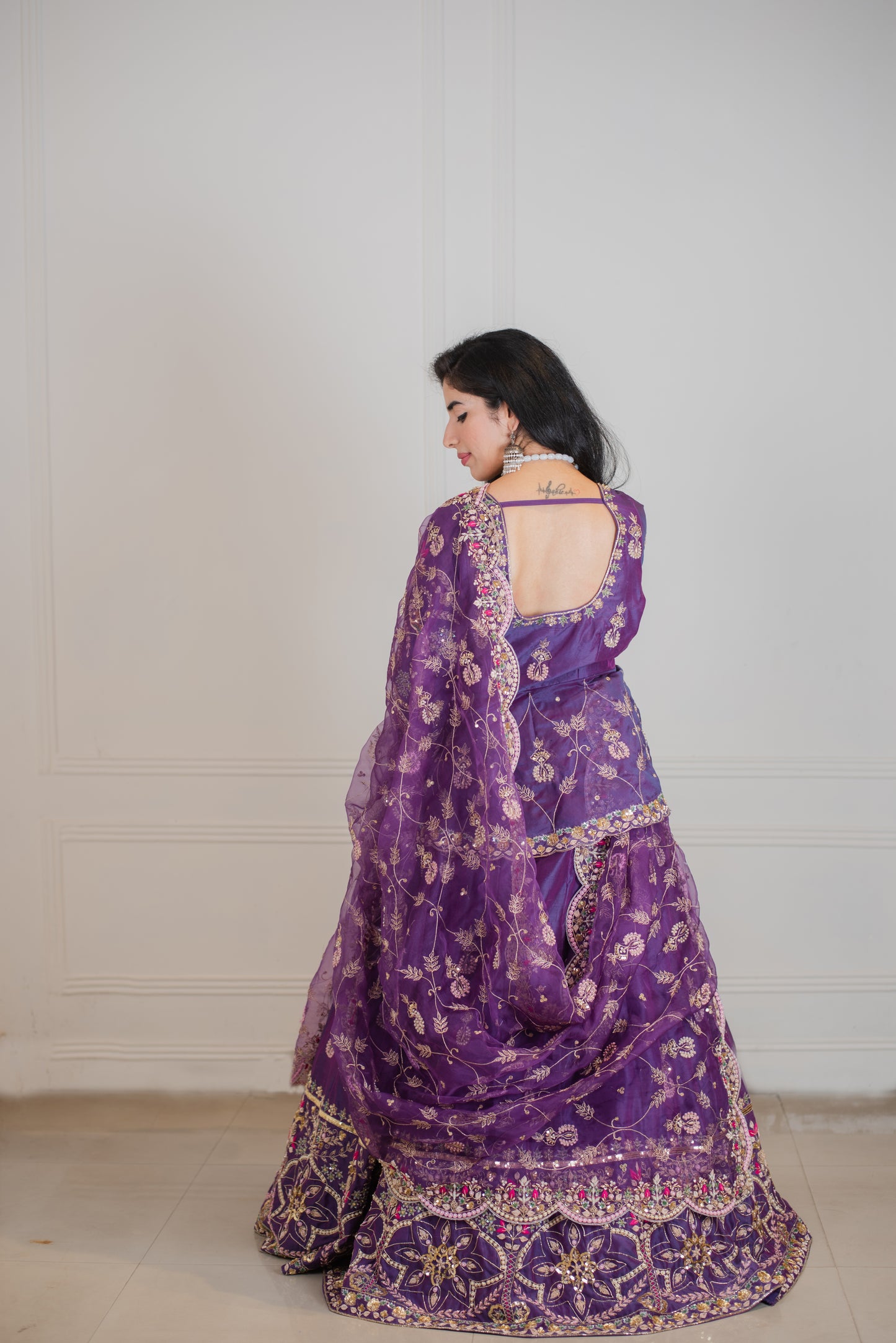 Purple Handembroidered Chanderi Silk Lehenga Set