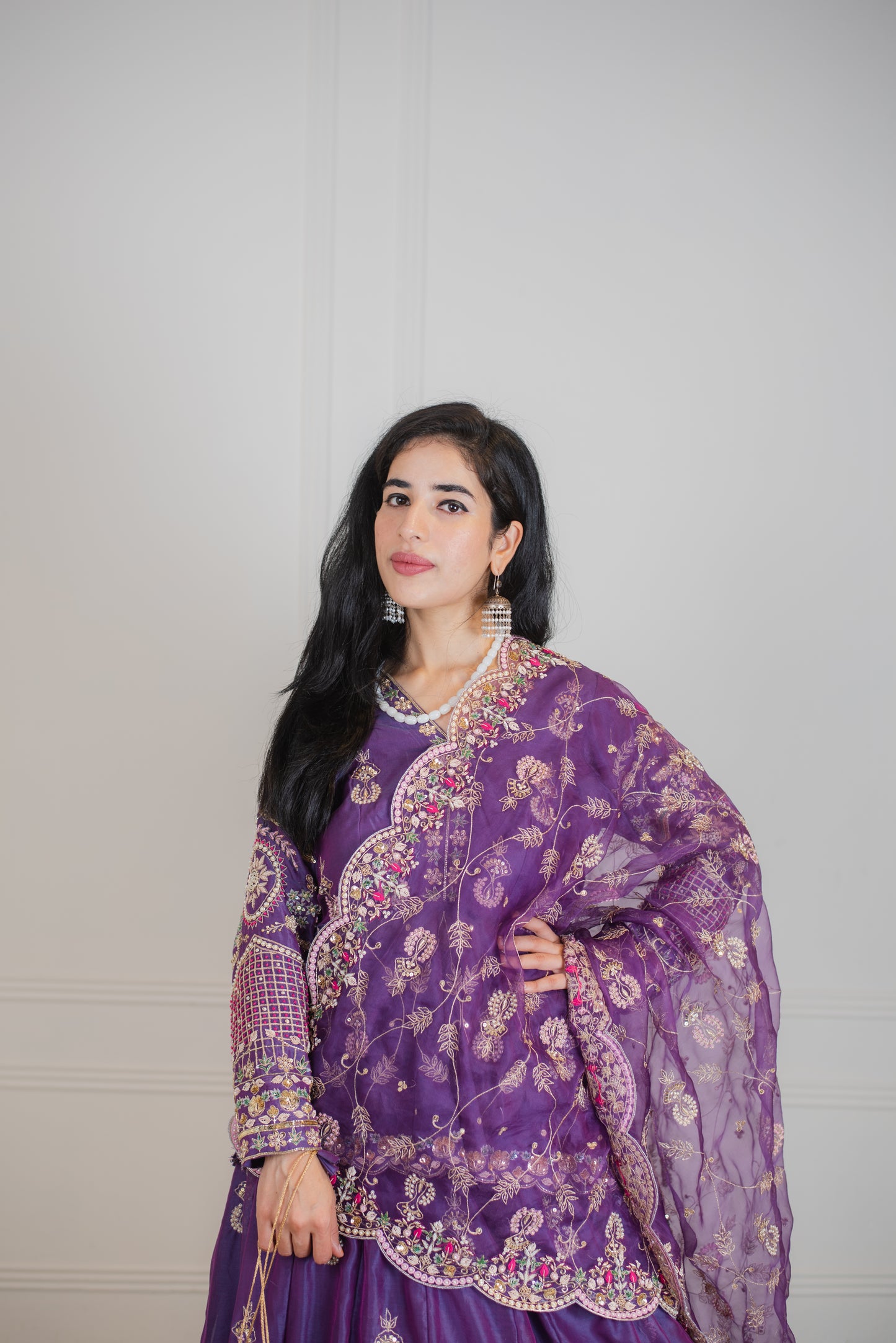 Purple Handembroidered Chanderi Silk Lehenga Set