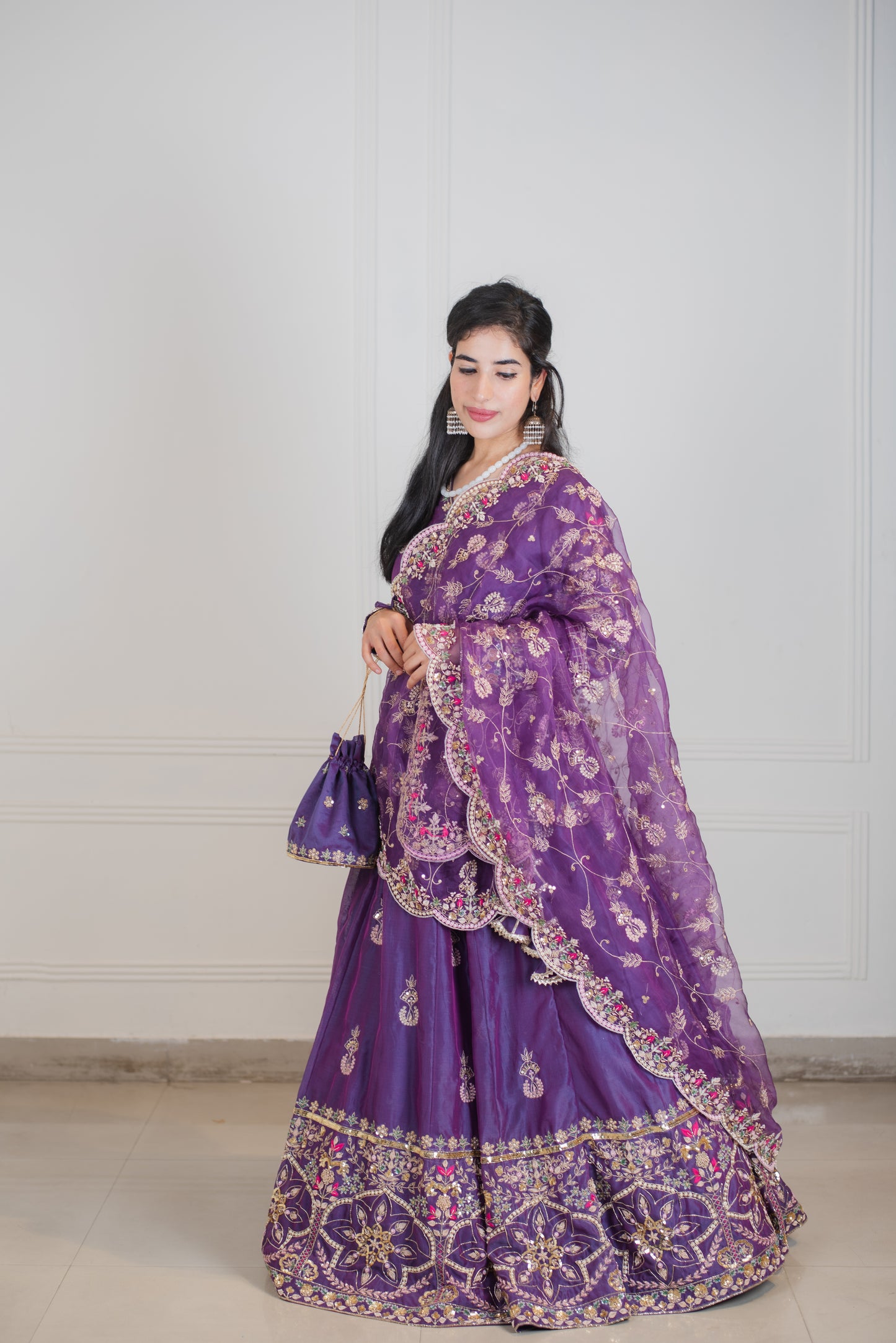 Purple Handembroidered Chanderi Silk Lehenga Set