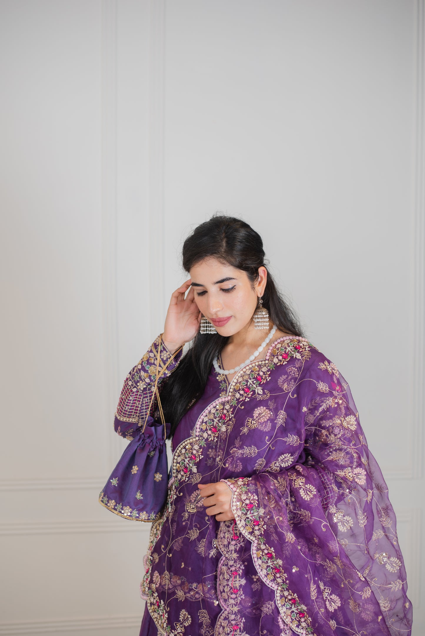 Purple Handembroidered Chanderi Silk Lehenga Set