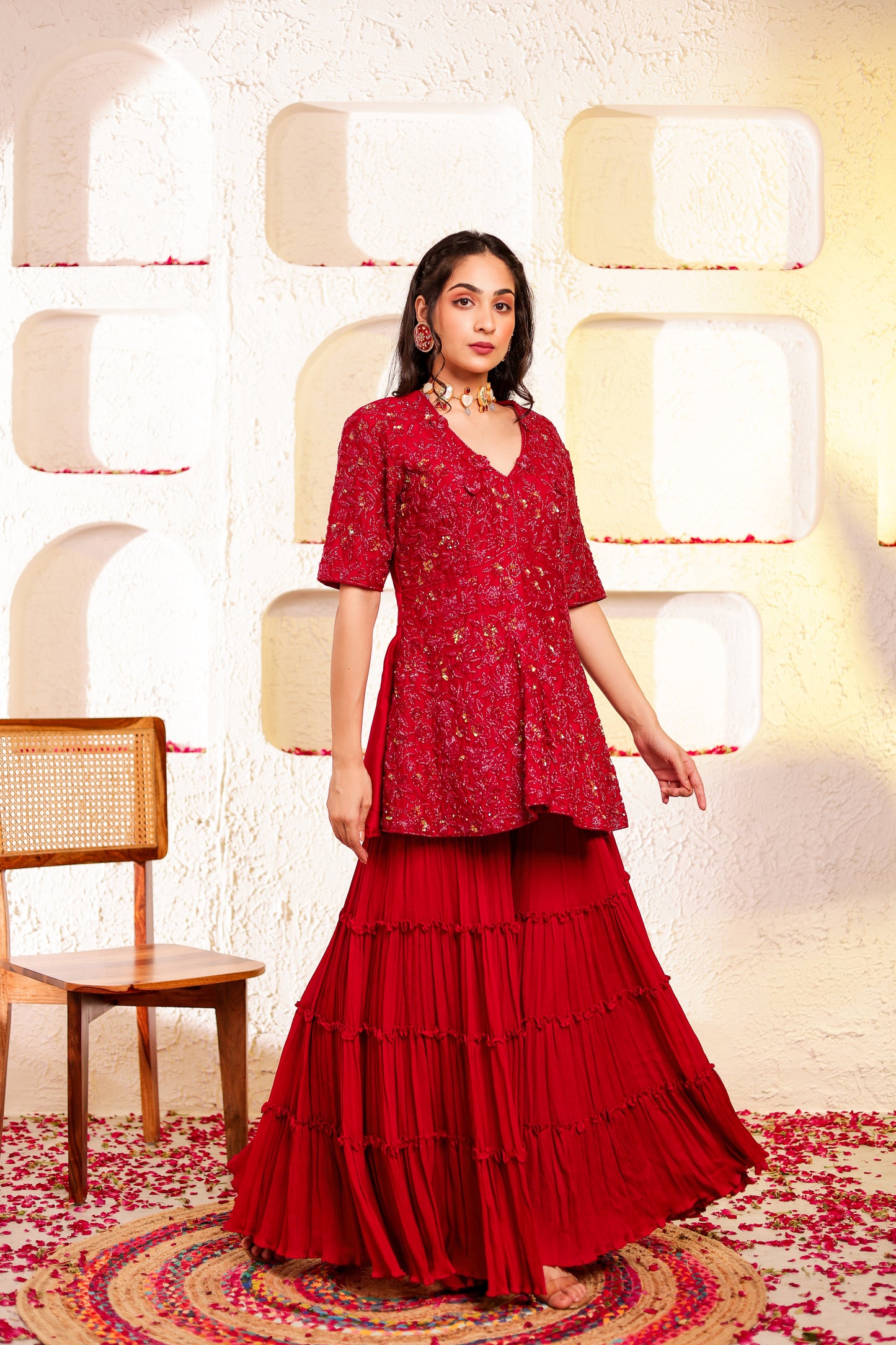Red Handembroidered Peplum Sharara Set