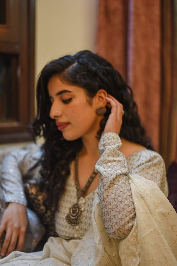 Macaron White Sequence Chanderi Anarkali