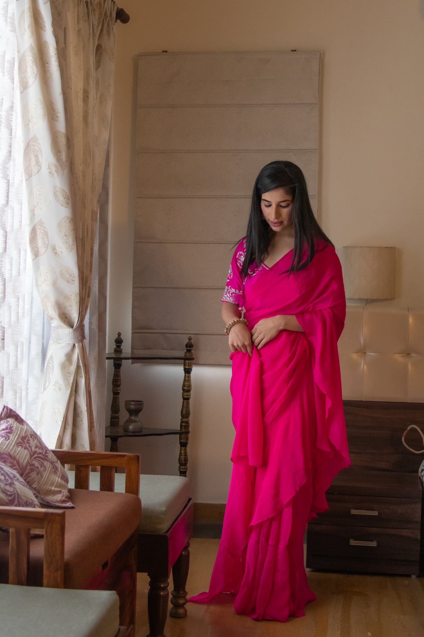 Fuchsia Pink Ruffle Saree
