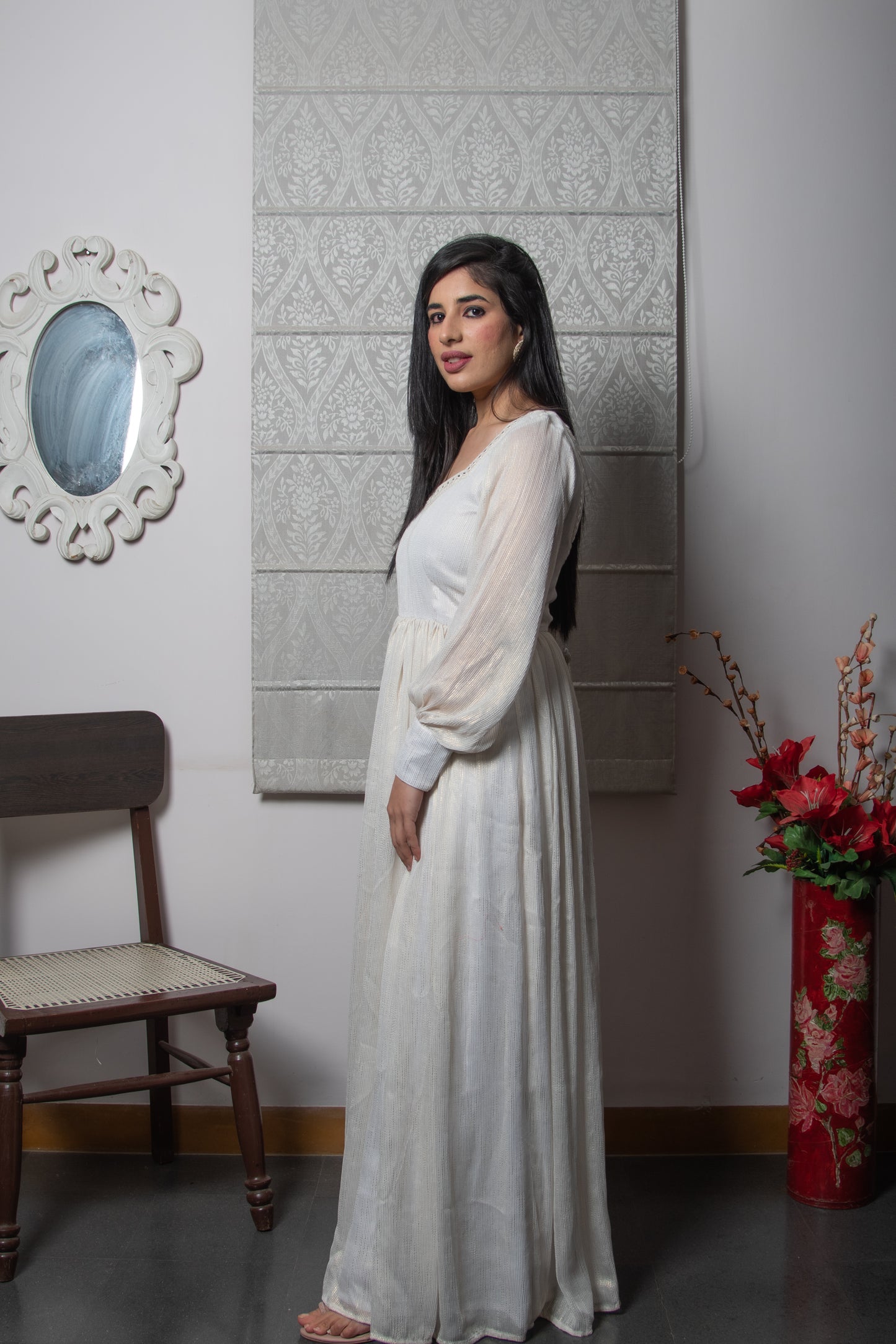 Off White Silk Zari Stripes Gown