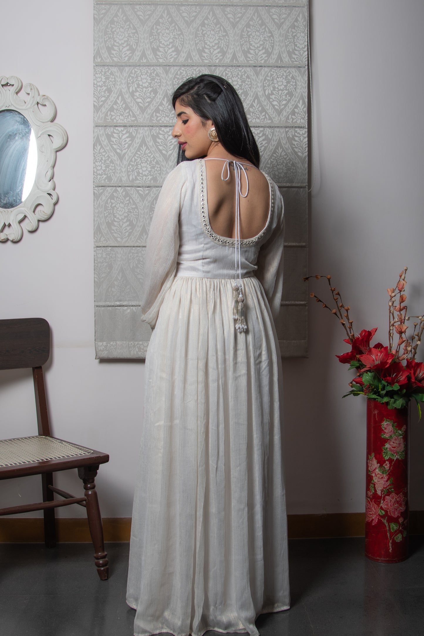 Off White Silk Zari Stripes Gown