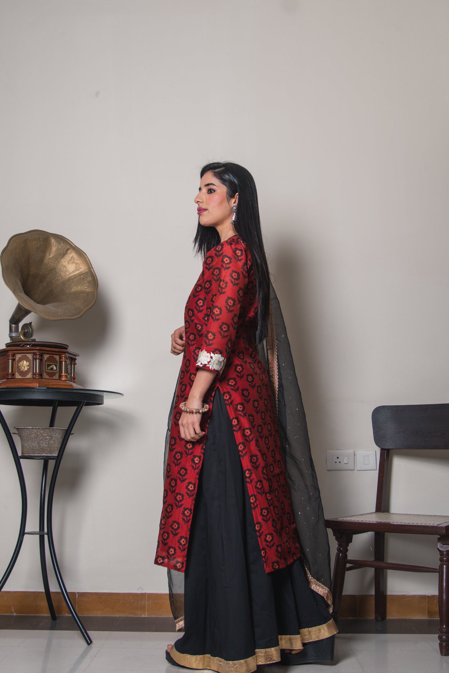 Carmine Block Print Kurta Sharara