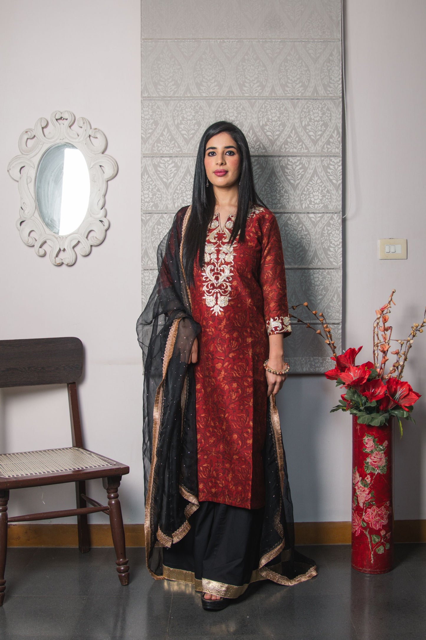 Brick Red Block Print Kurta Sharara